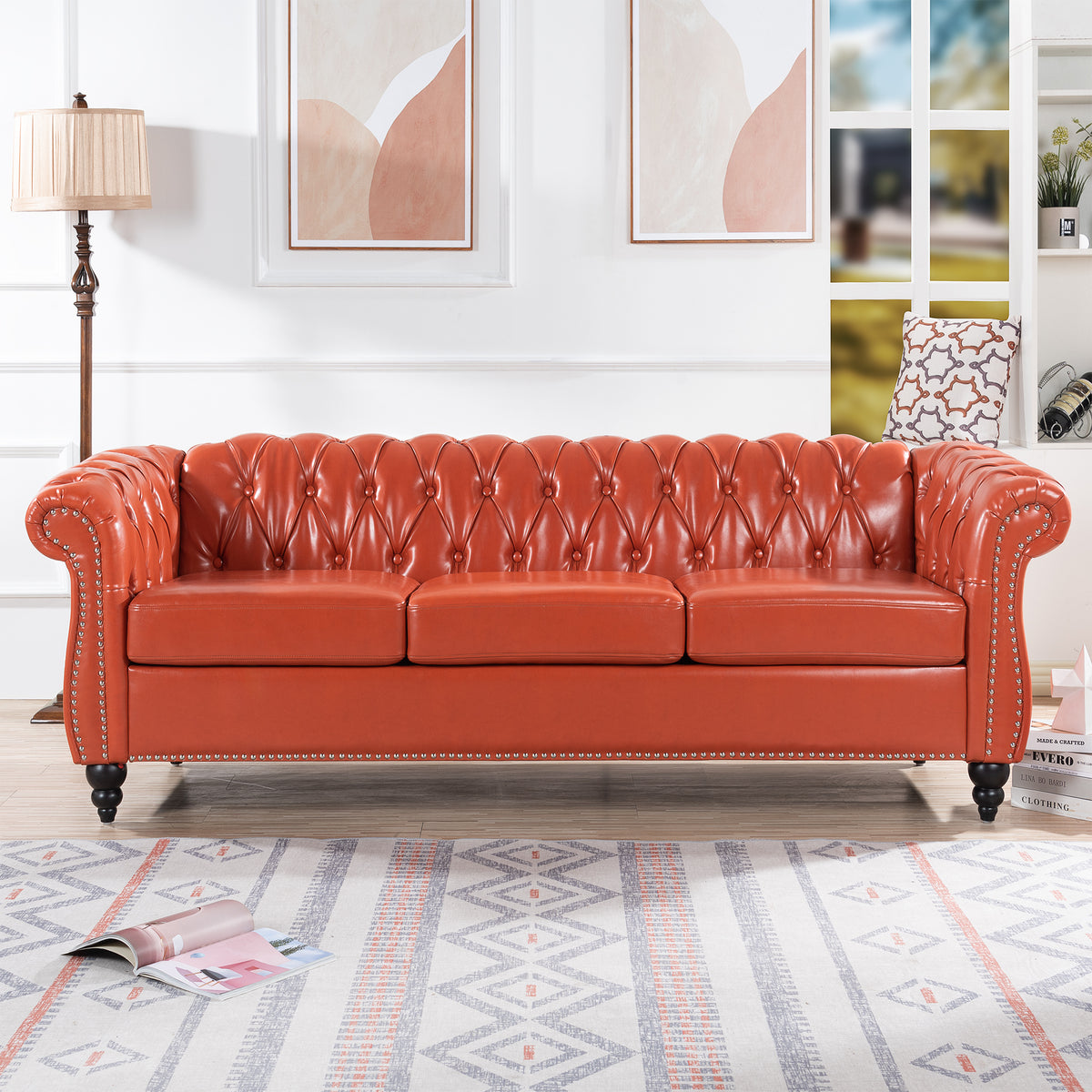 Orange Vegan Leather 3-Seat Chesterfield Sofa, 84.7 in Wide