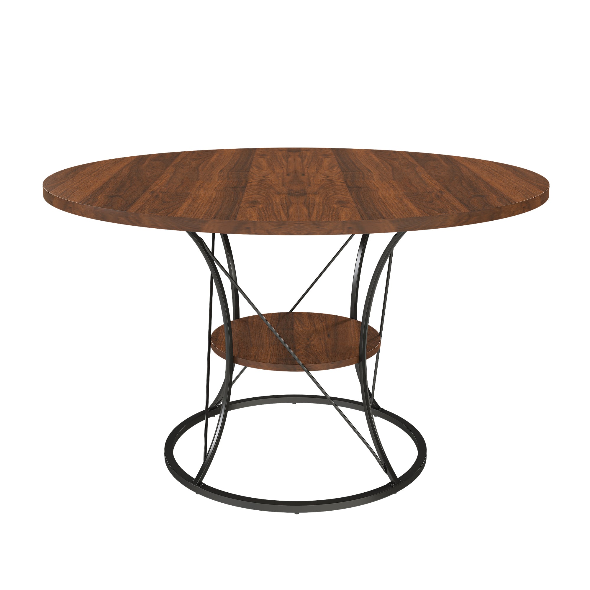 Walnut round dining table with black iron cage base on a plain white background, front view