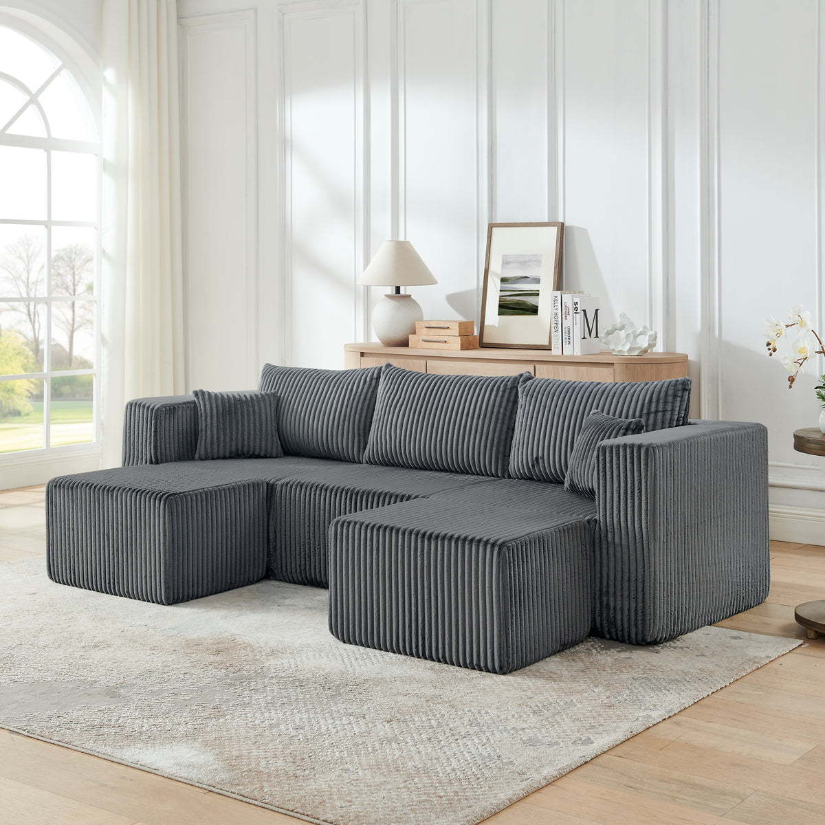 Gray Corduroy Modular Sectional Couch with 2 Ottomans, No Assembly