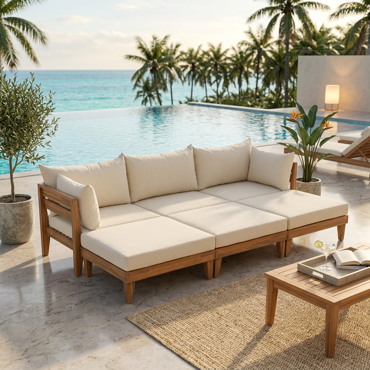 Solid Wood 6-Piece Outdoor Sectional Set with Cushions