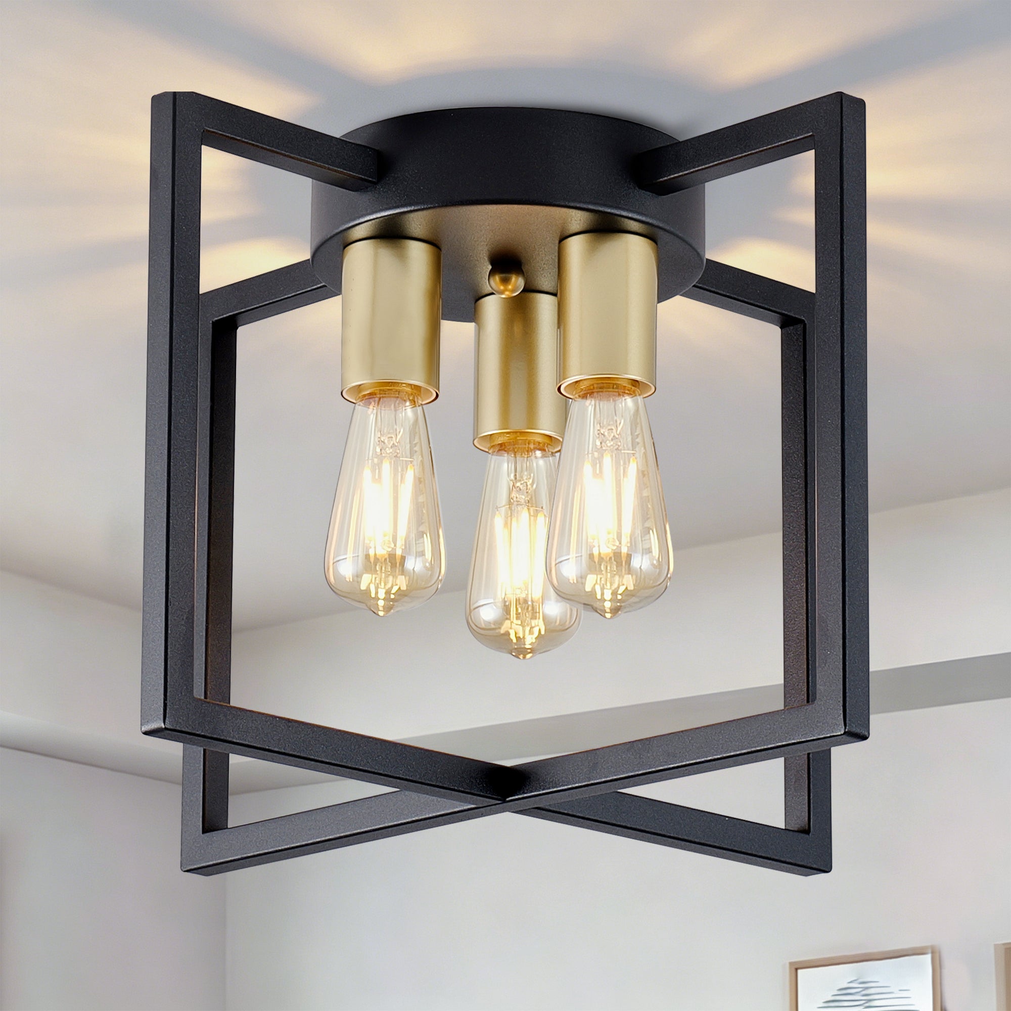 Chandelier, Semi-Flush 3-Light, Geometric Shade, Black and Gold