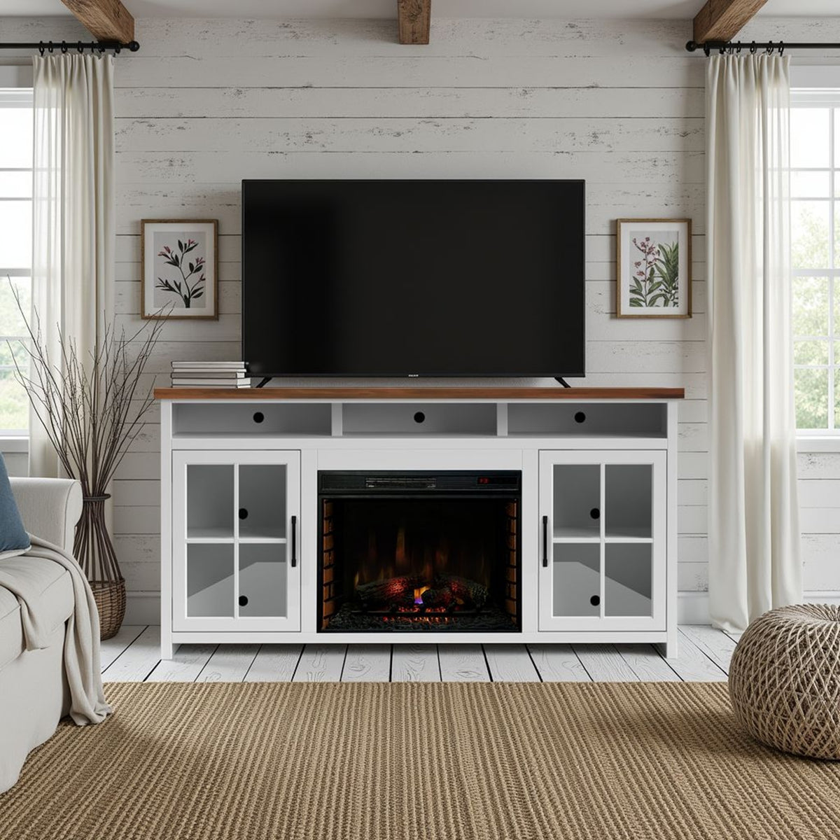 White Fireplace TV Stand for TVs up to 85 in, 74 in Wide