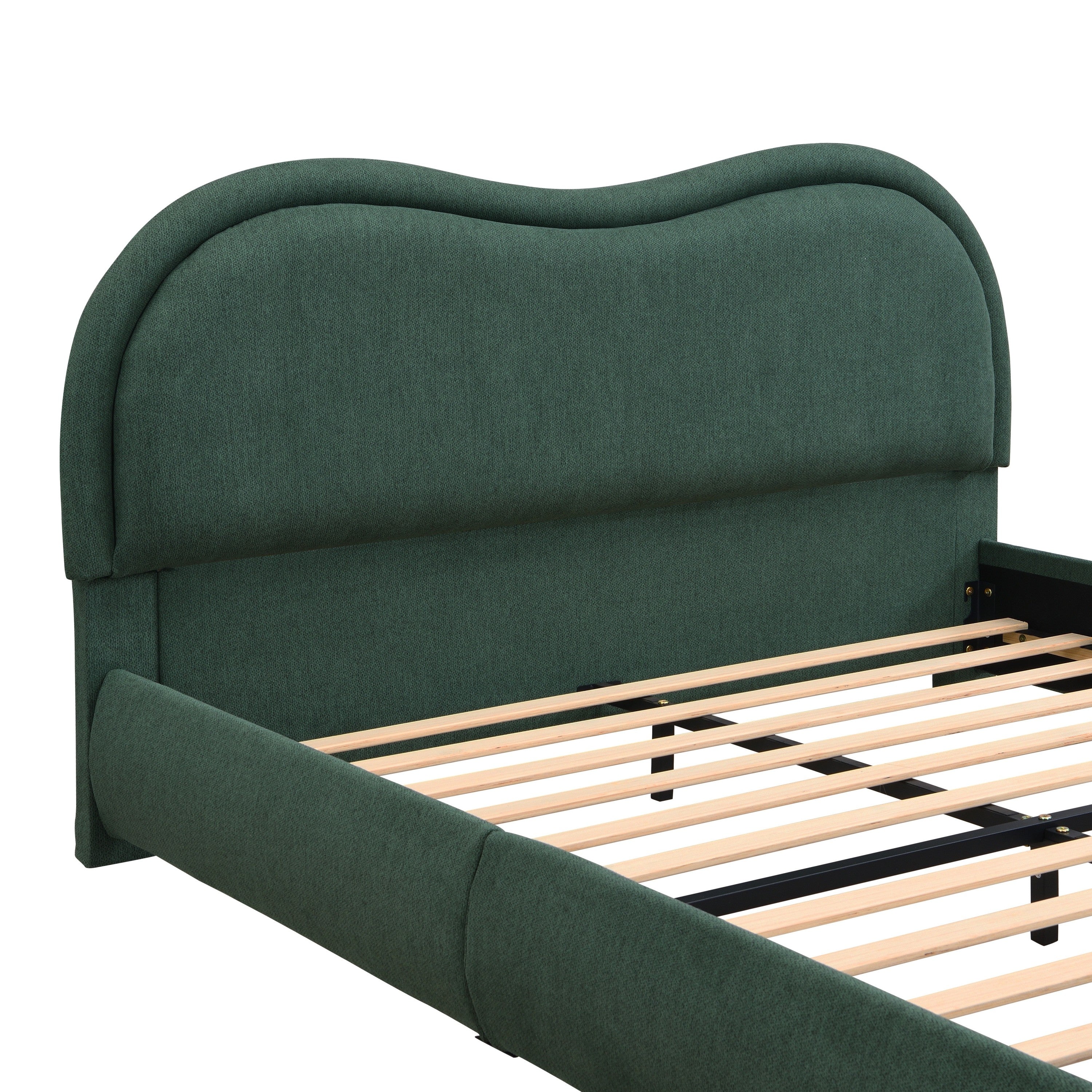 Close-up of the curved, padded olive green chenille headboard on the queen upholstered bed frame #Color_Olive Green