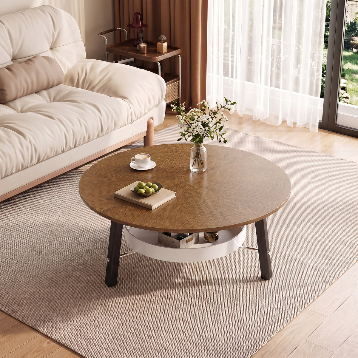 Walnut Round Coffee Table with Storage, 35.4 in, Lower Storage Shelf