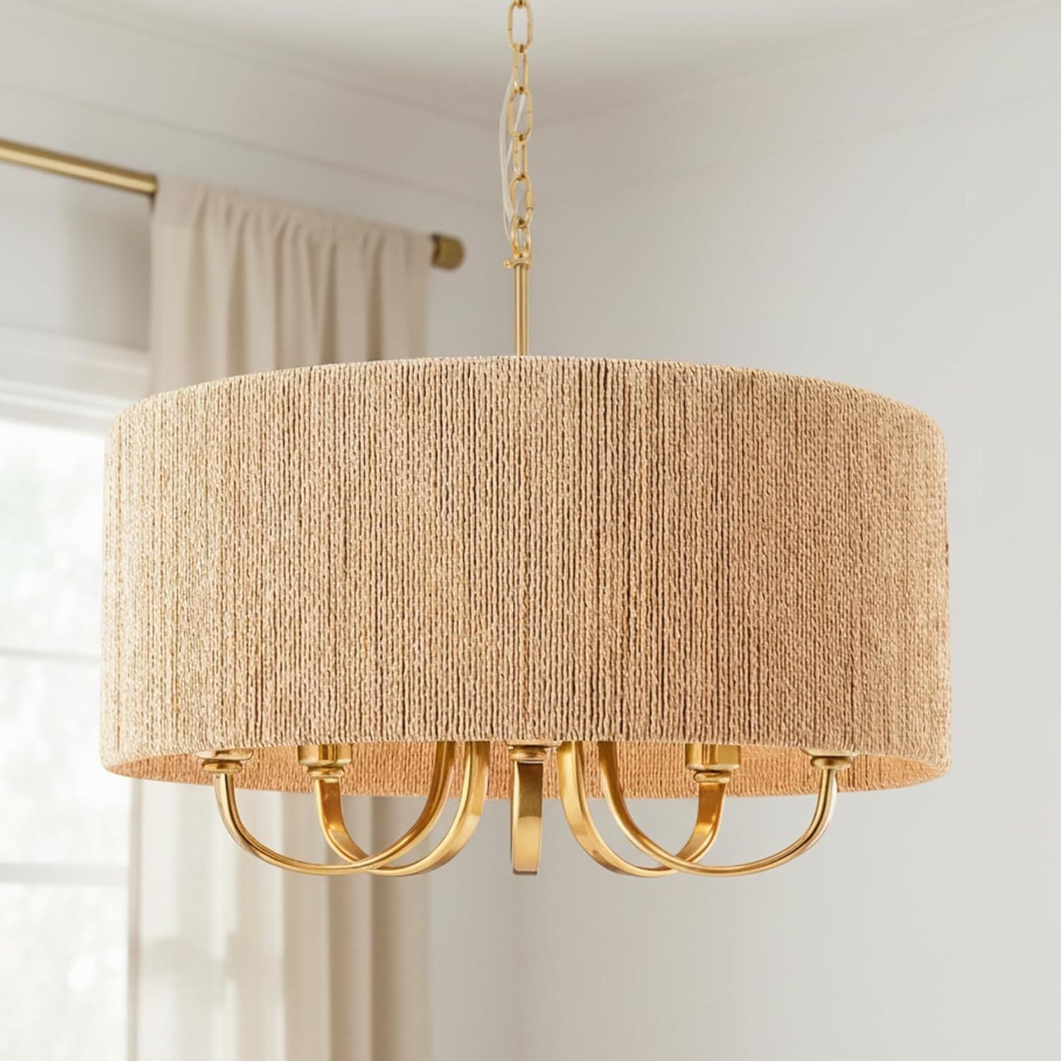Chandelier, 5-Light Boho Rattan and Metal, Gold