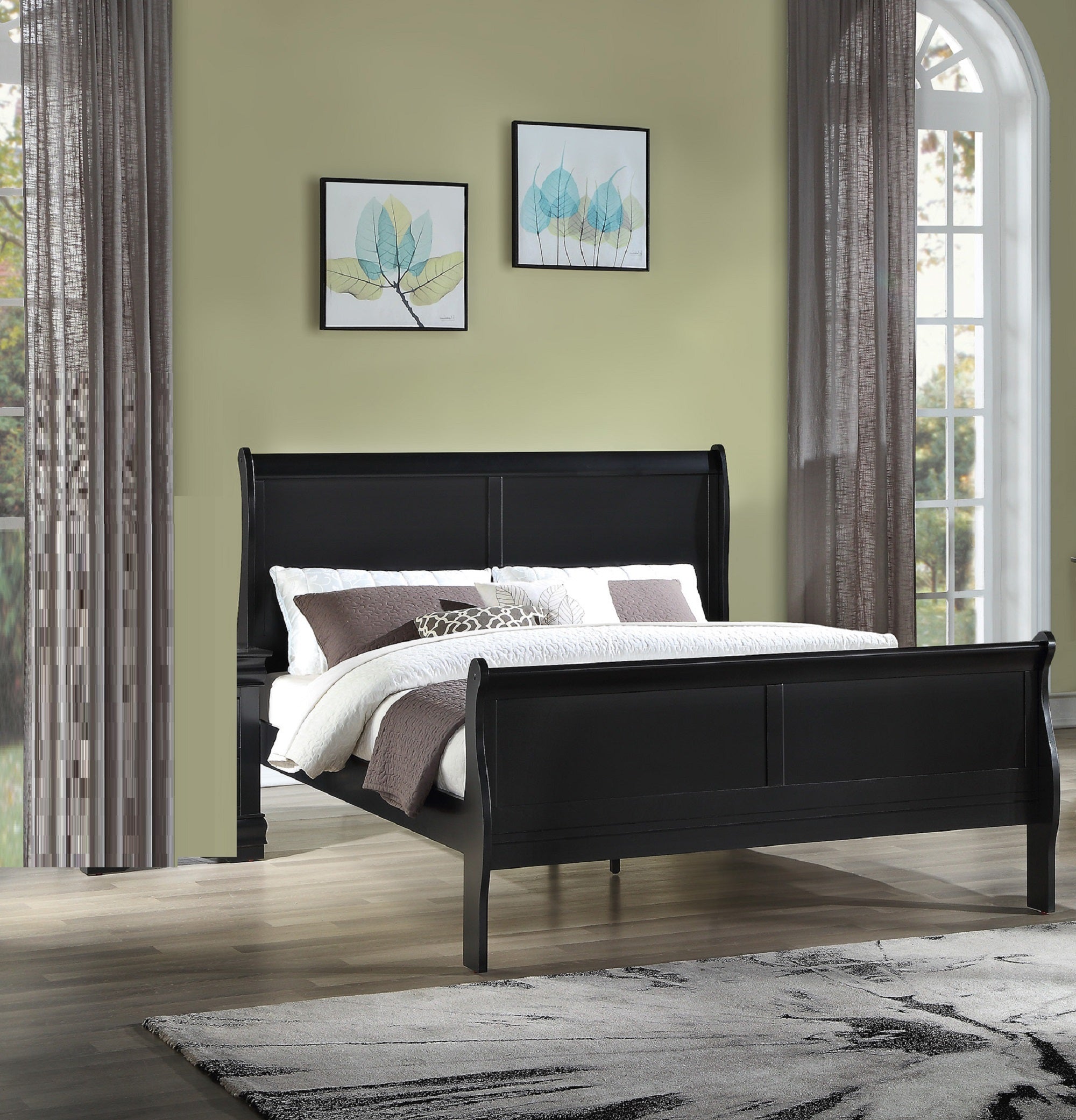 Black Solid Wood Sleigh Bed Frame with Drawers