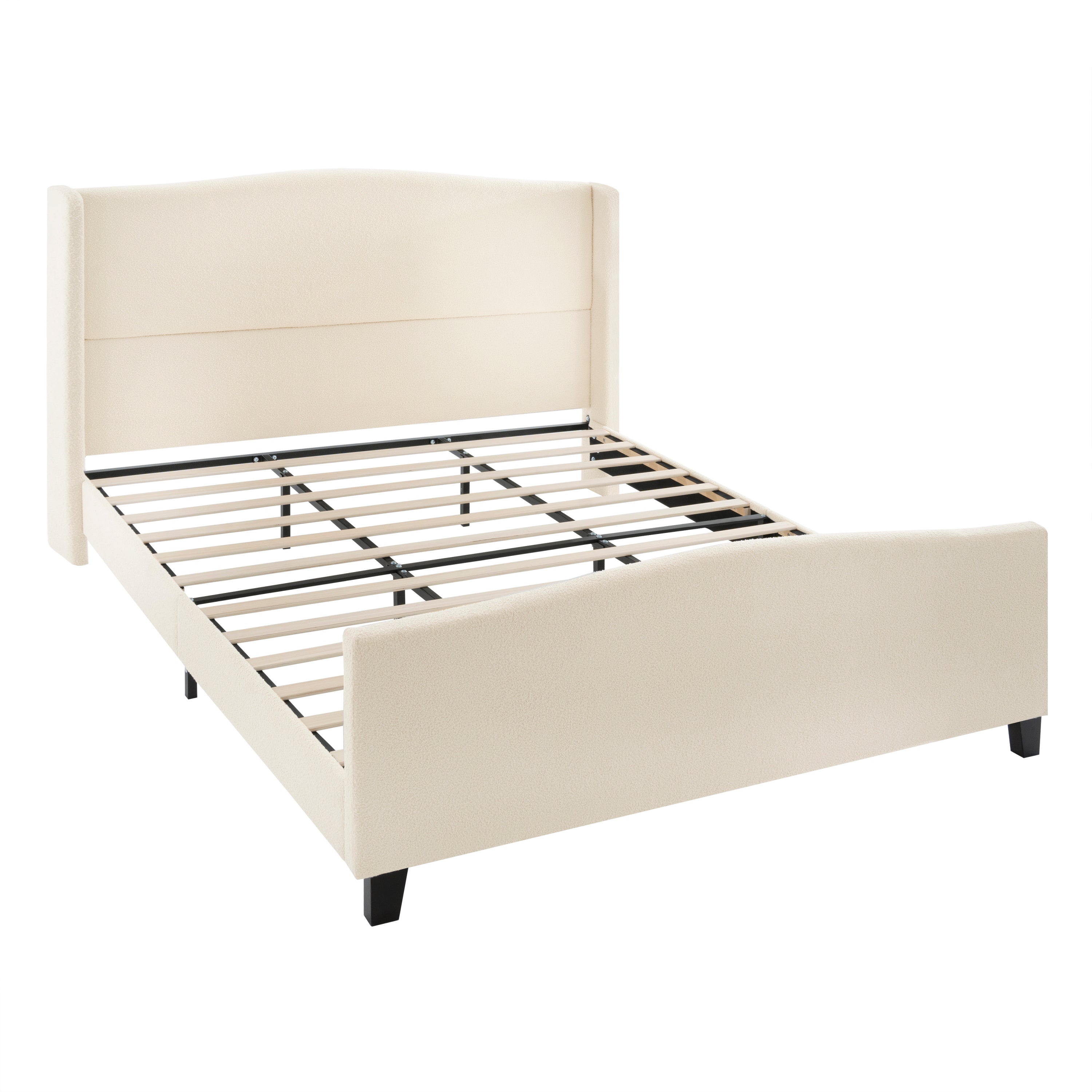 Close-up of tapered wood leg on white teddy velvet king bed frame