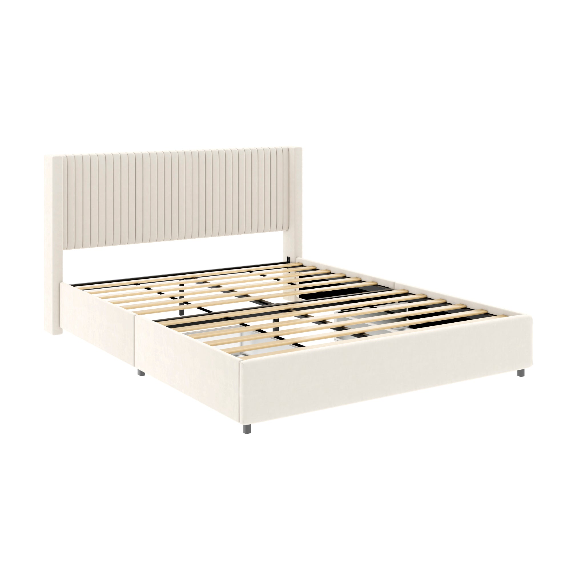 Studio angled ivory velvet queen storage bed frame with a channel-tufted wingback headboard and exposed wood slats