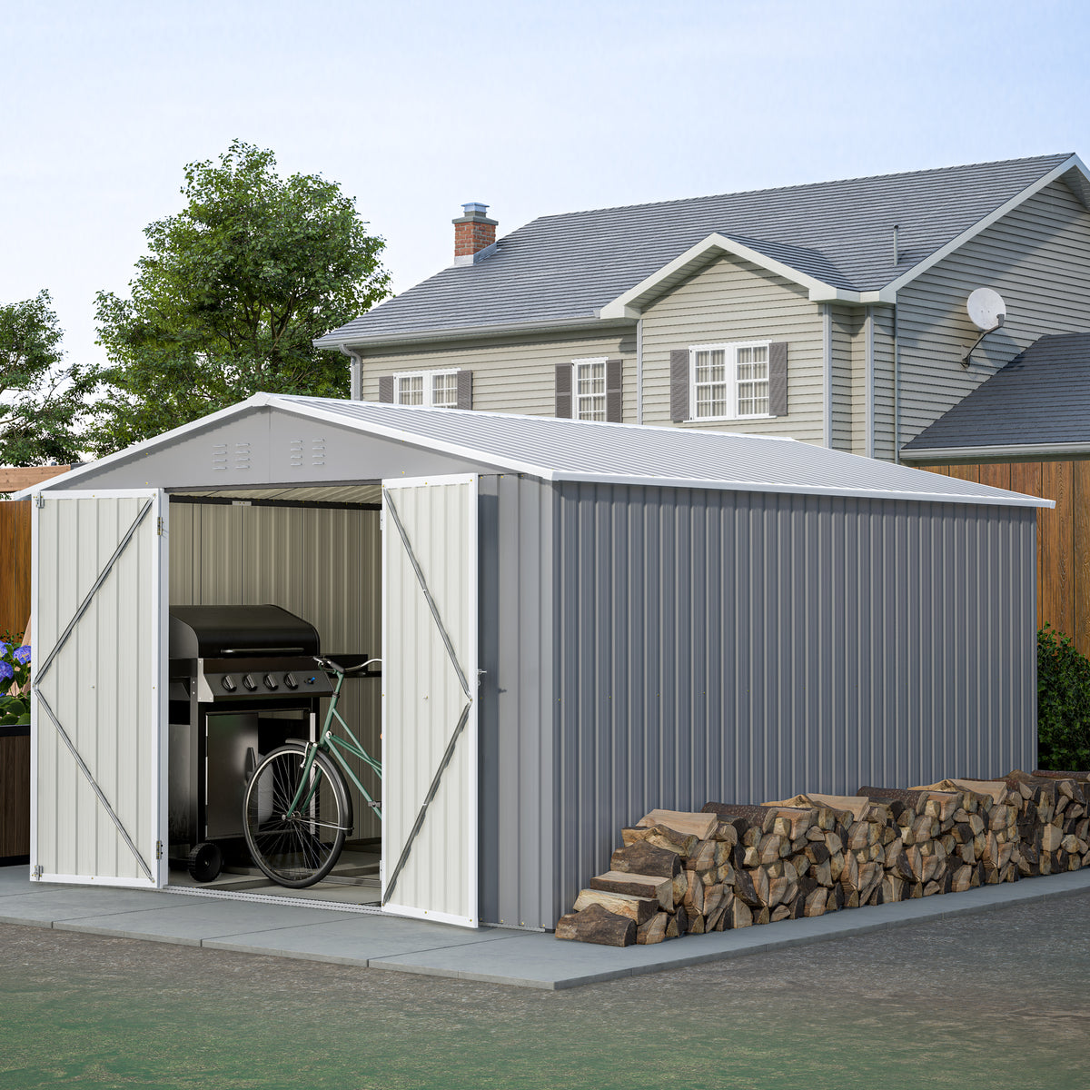 10x12 ft Gray Metal Storage Shed with Floor Frame