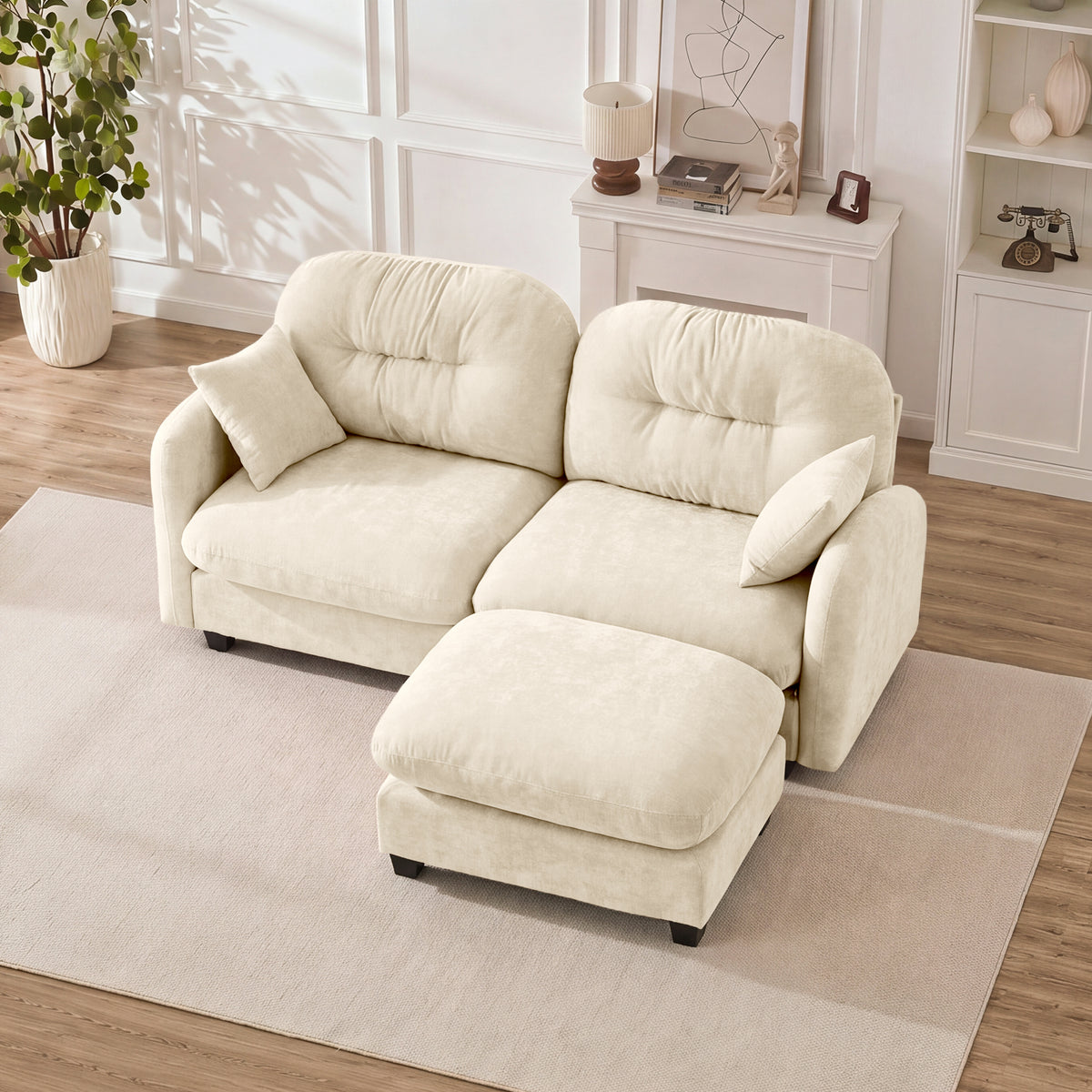 Beige Chenille Sectional Couch with Ottoman