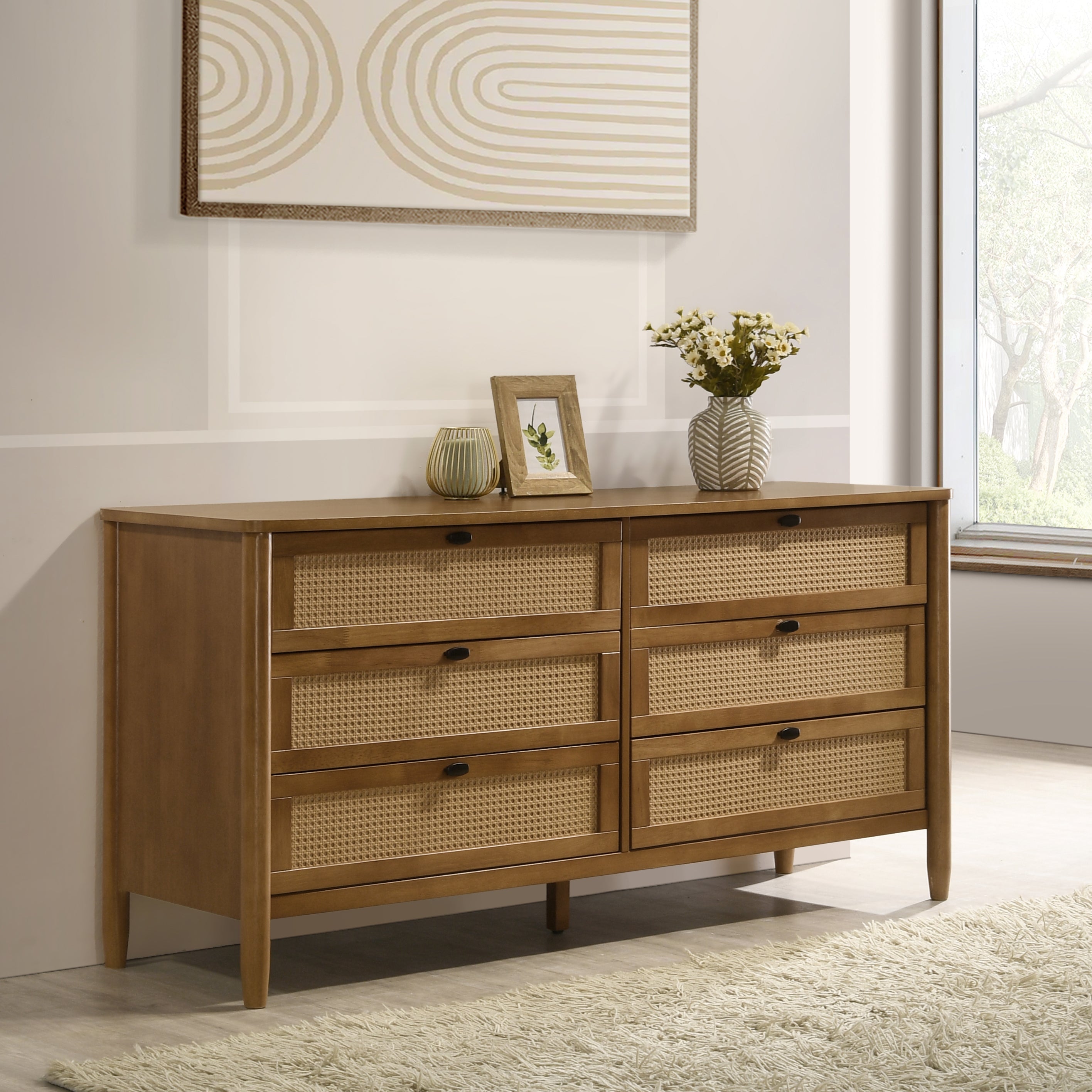 Rattan Front 6-Drawer Dresser, 59 in Wide, Brown Wood