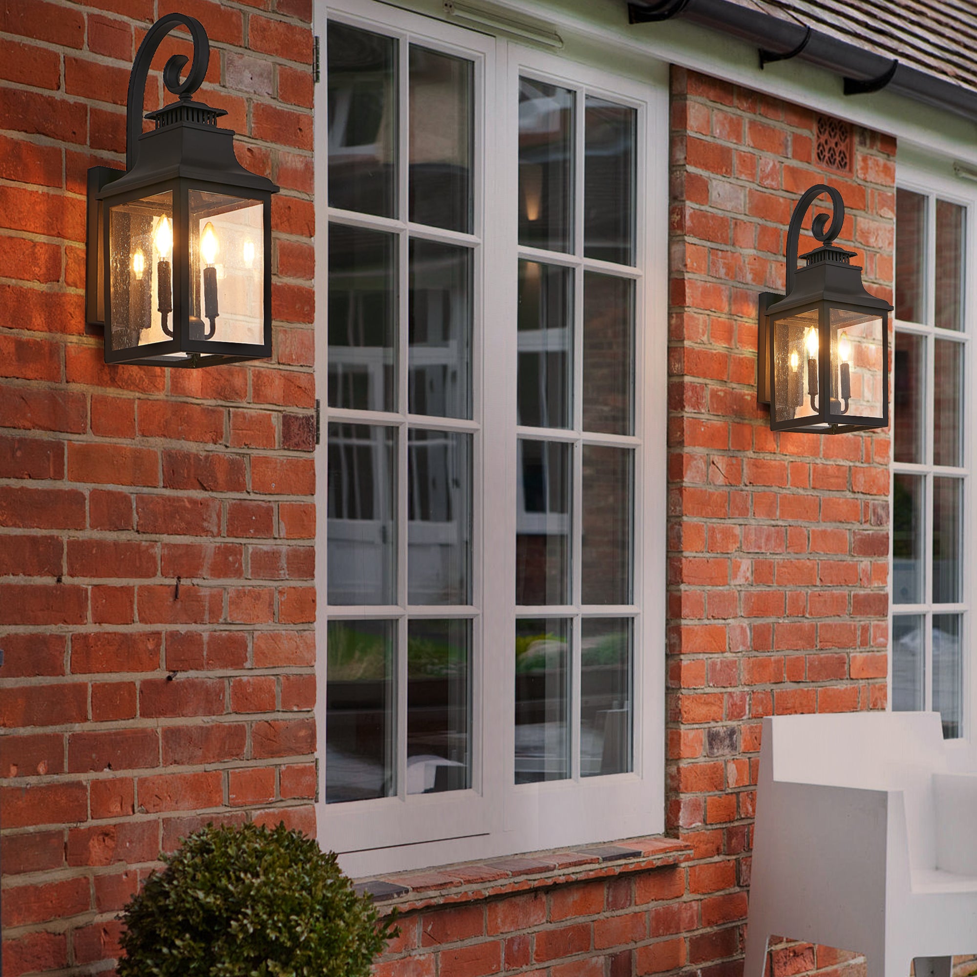 Wall Lantern, 2-Light, Set of 2, Seeded Glass, Black