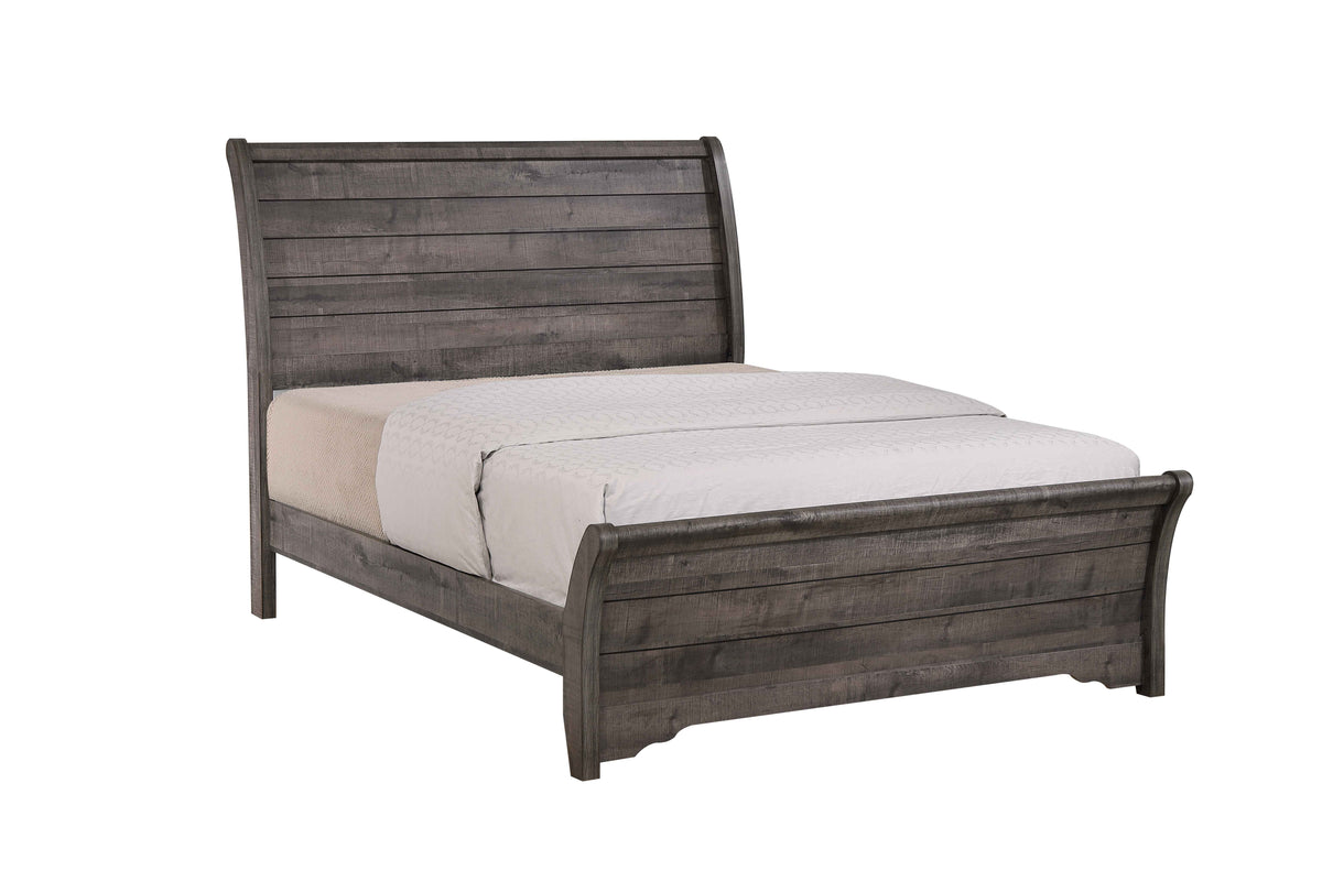 King Sleigh Bed with Plank Headboard, Gray Finish