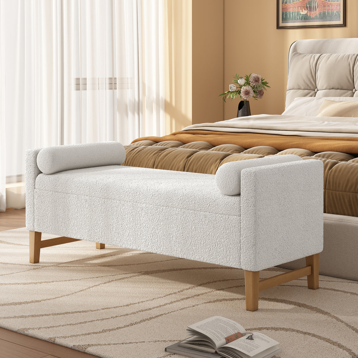 Ivory Boucle Storage Ottoman, 50.8 in