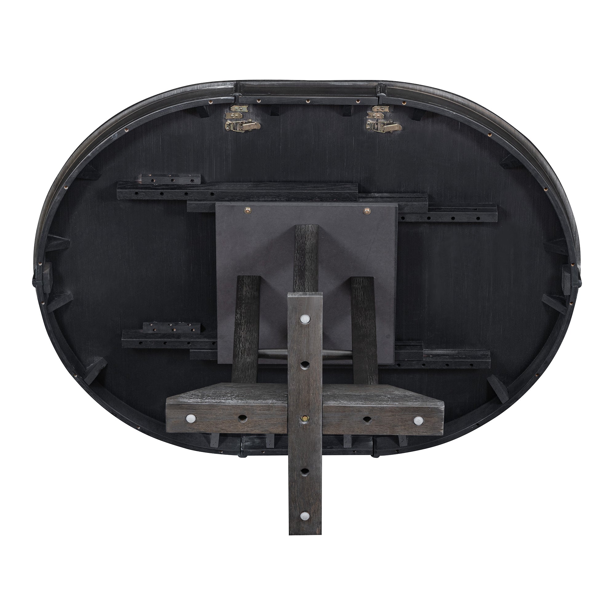 Underside of the extended oval tabletop showing slide rails, latches, and hardware