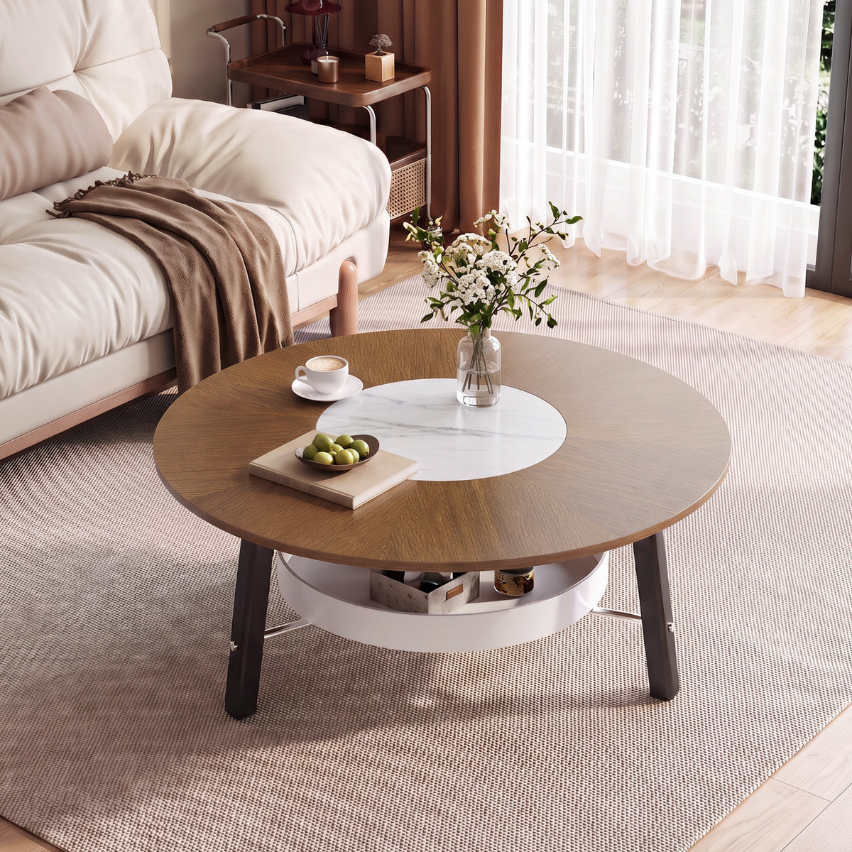 Walnut Round Coffee Table with Storage, 35.4 in, 14.2 in Tall