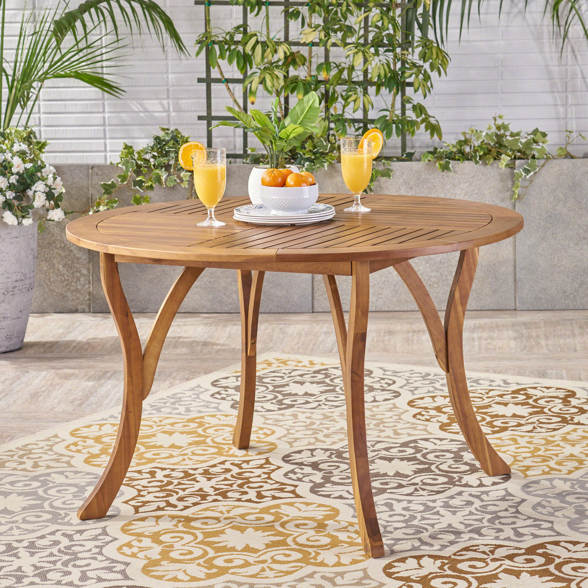 Teak Finish Solid Wood Round Outdoor Dining Table, 47.3 in Wide