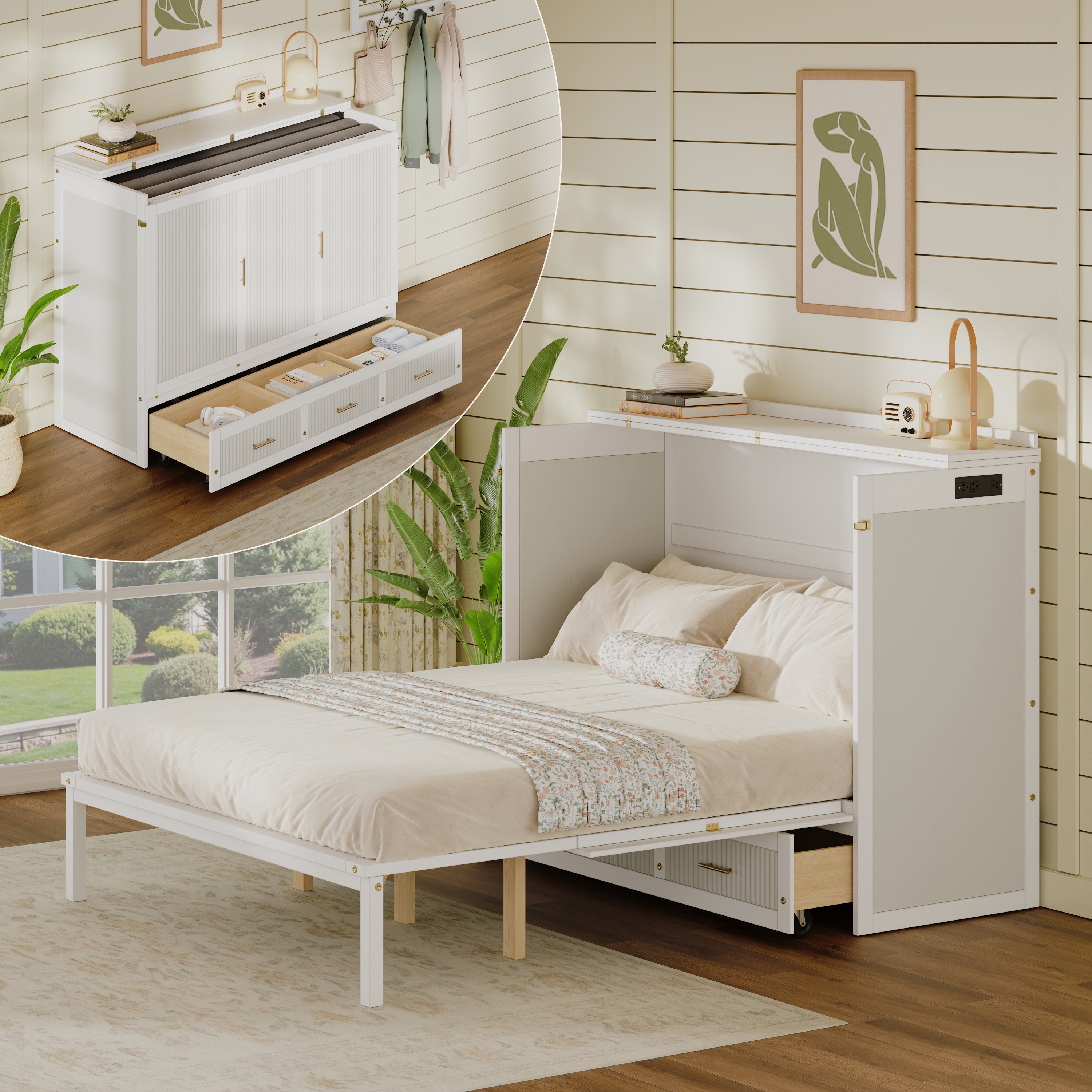 White Murphy Bed Cabinet with Drawers and USB Charging