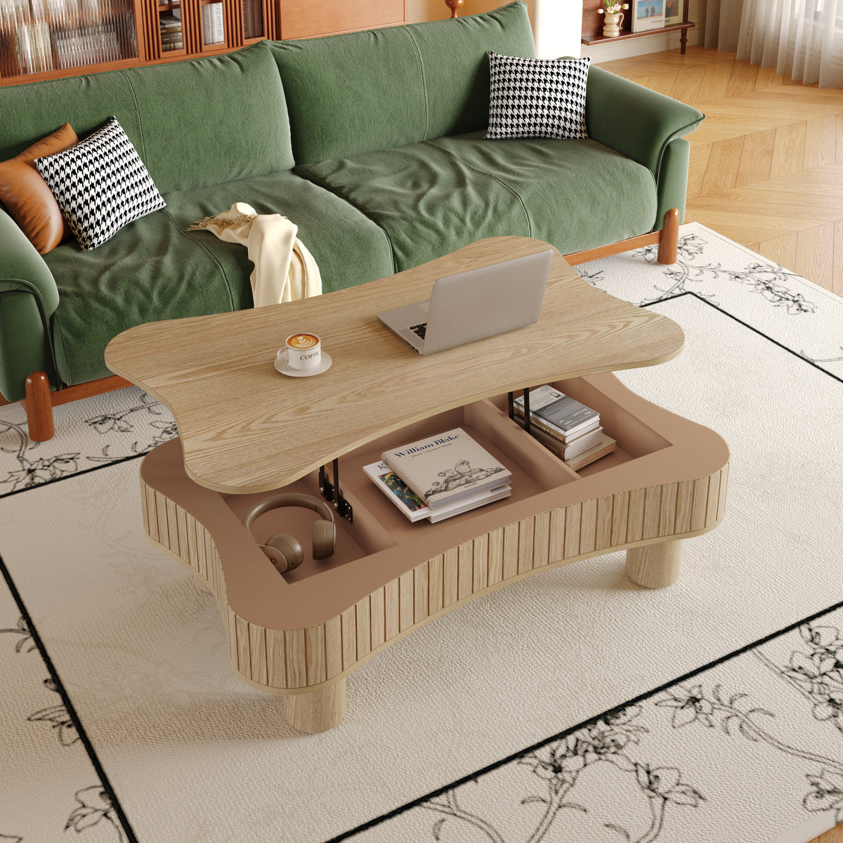 Natural Fluted Lift-Top Coffee Table, 42.5 in