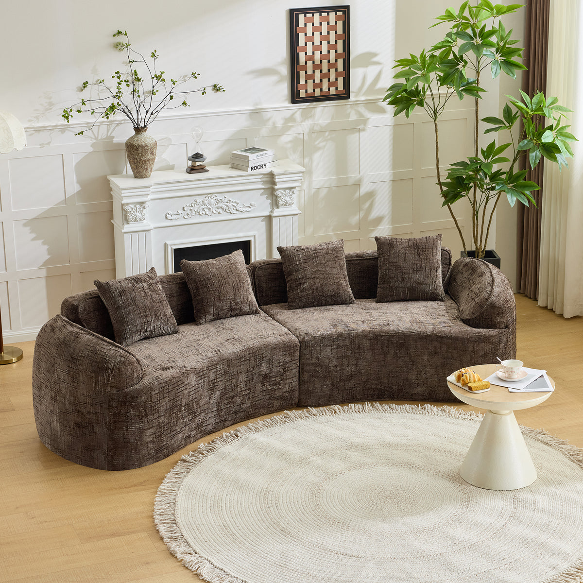 Brown Chenille 4-Seat Curved Sofa, No Assembly, 109.5 in Wide