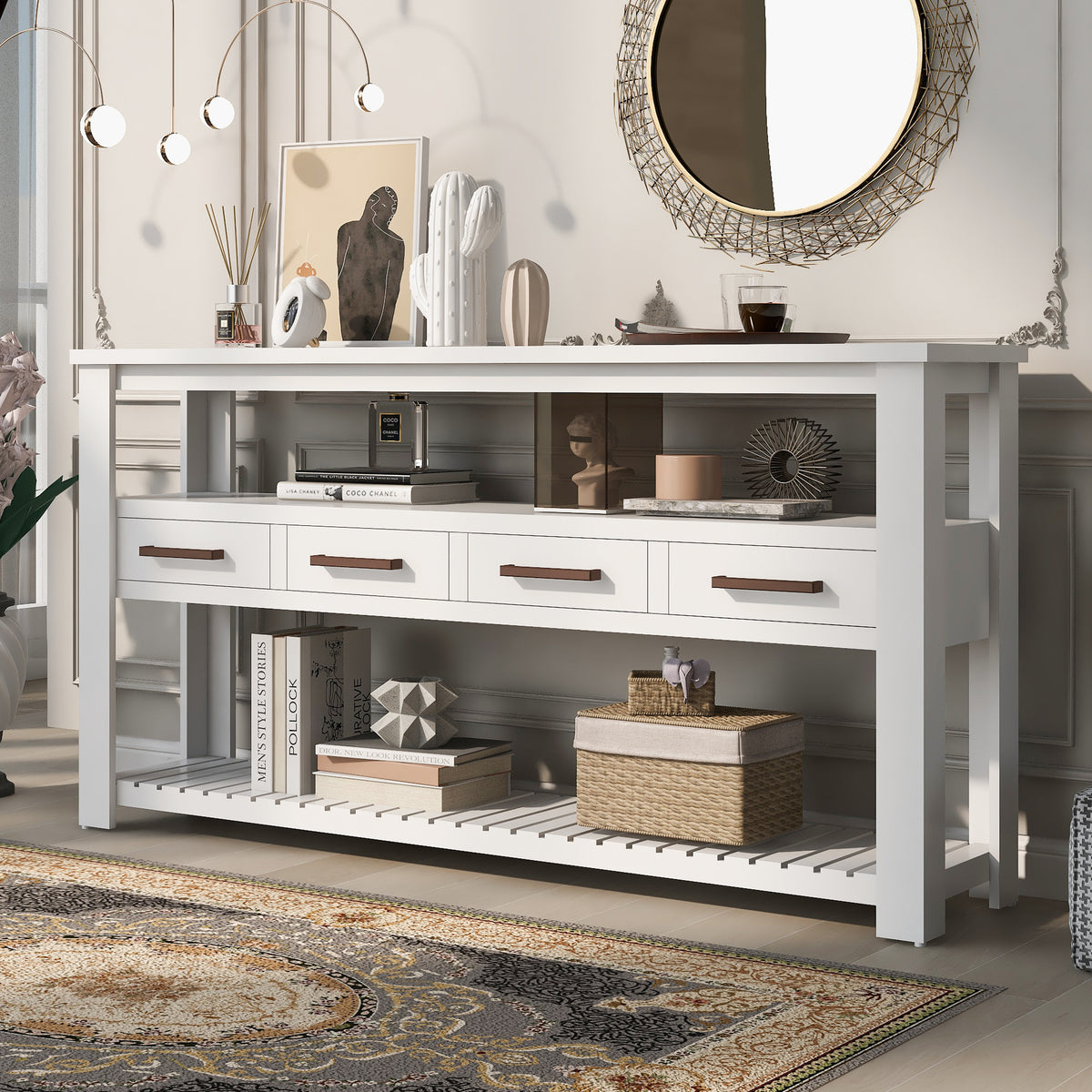 White Entryway Console Table, 4 Drawers, 61.5 in Wide