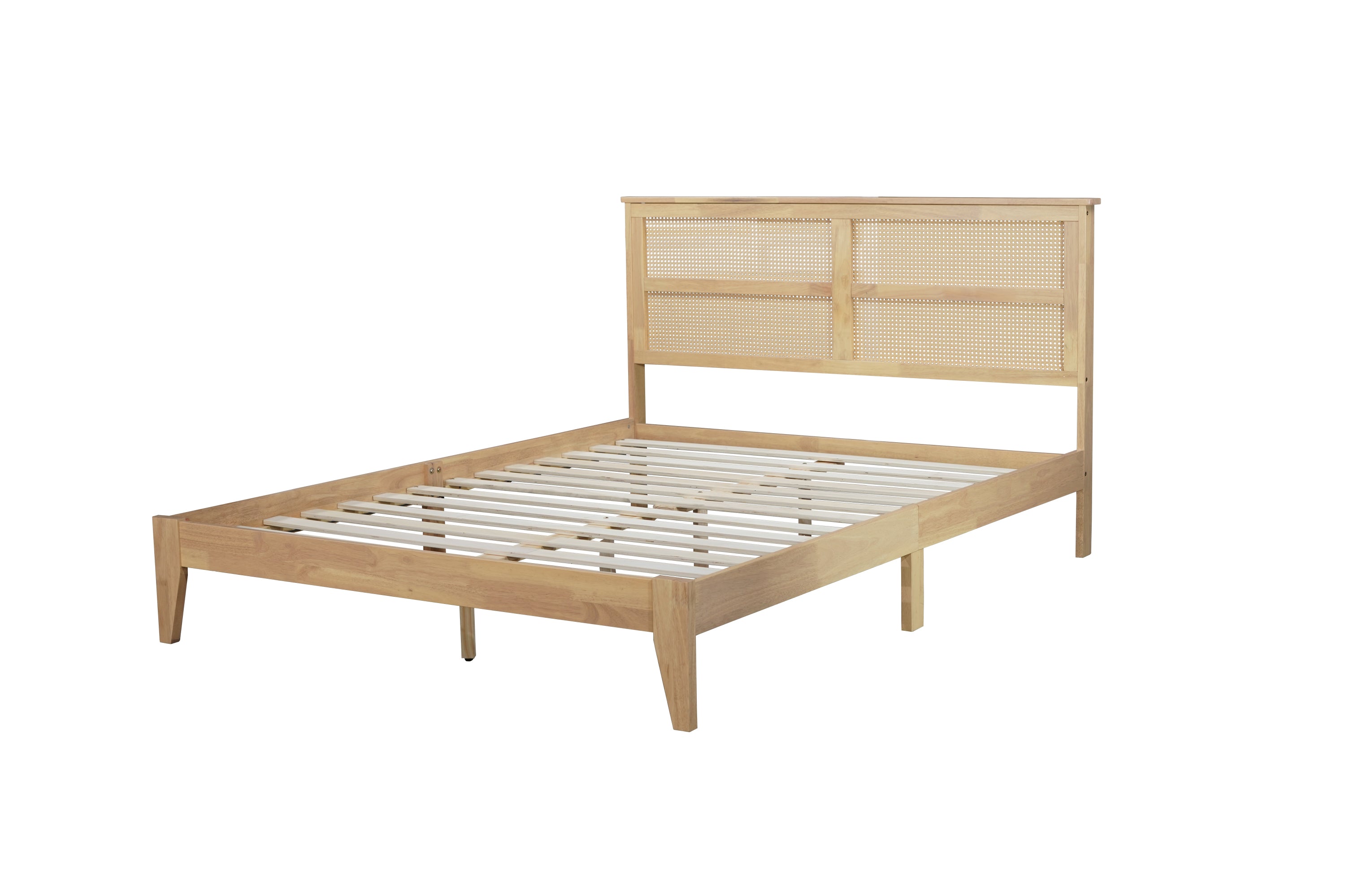 Opposite angle of the bare rubberwood bed frame with rattan headboard and full slat platform