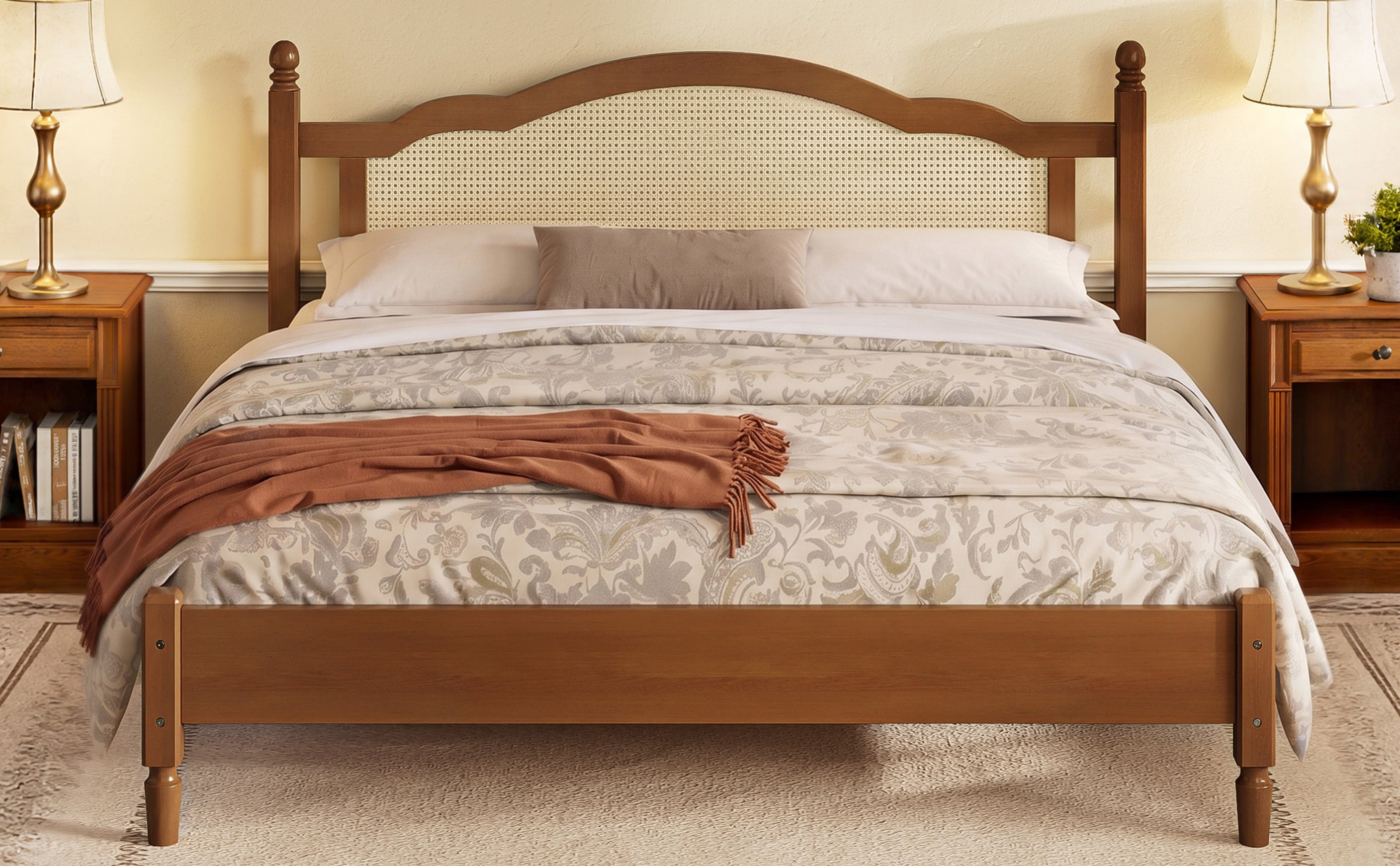 Product dimension diagram of walnut king bed frame with cane headboard