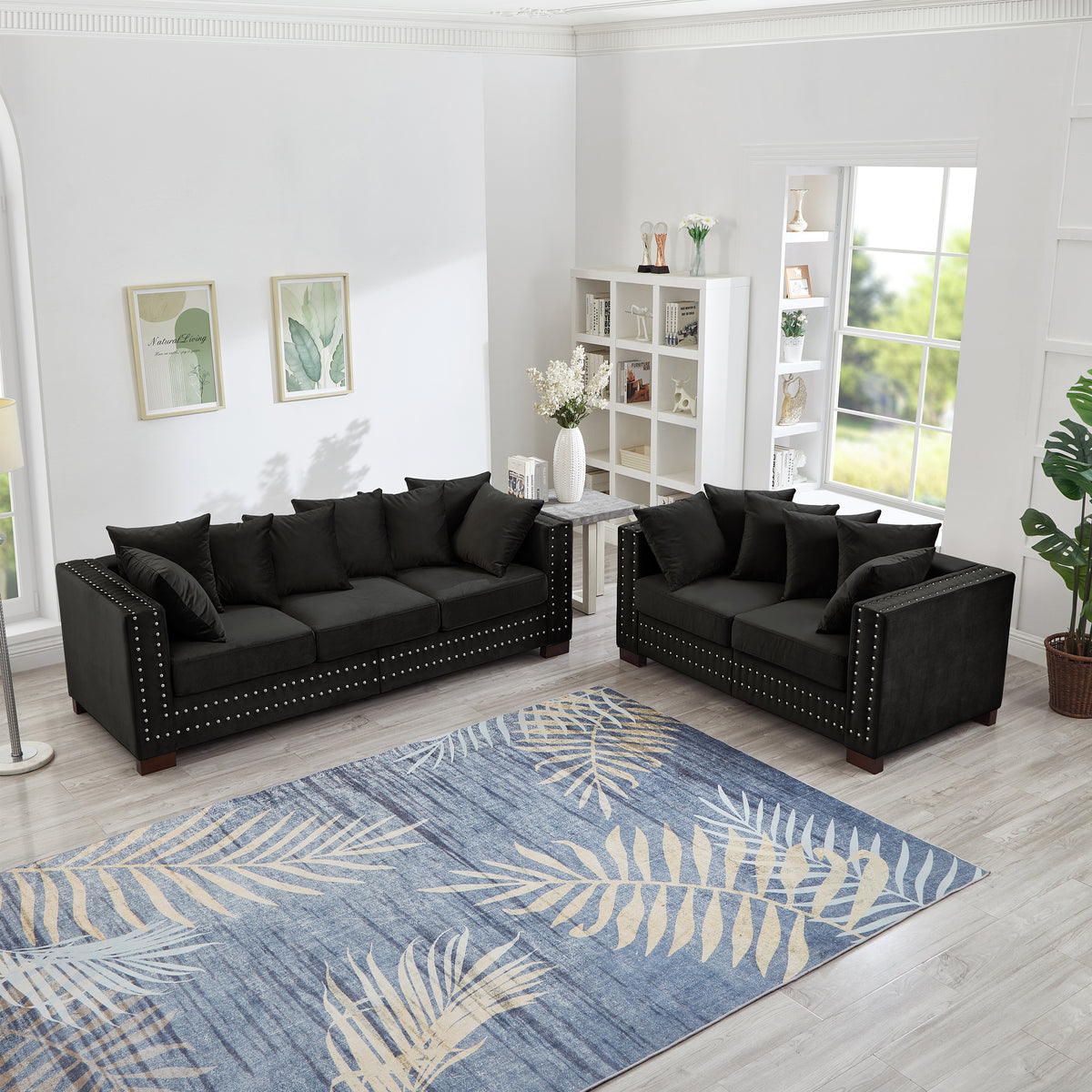 Black Velvet Sofa and Loveseat Set with Storage