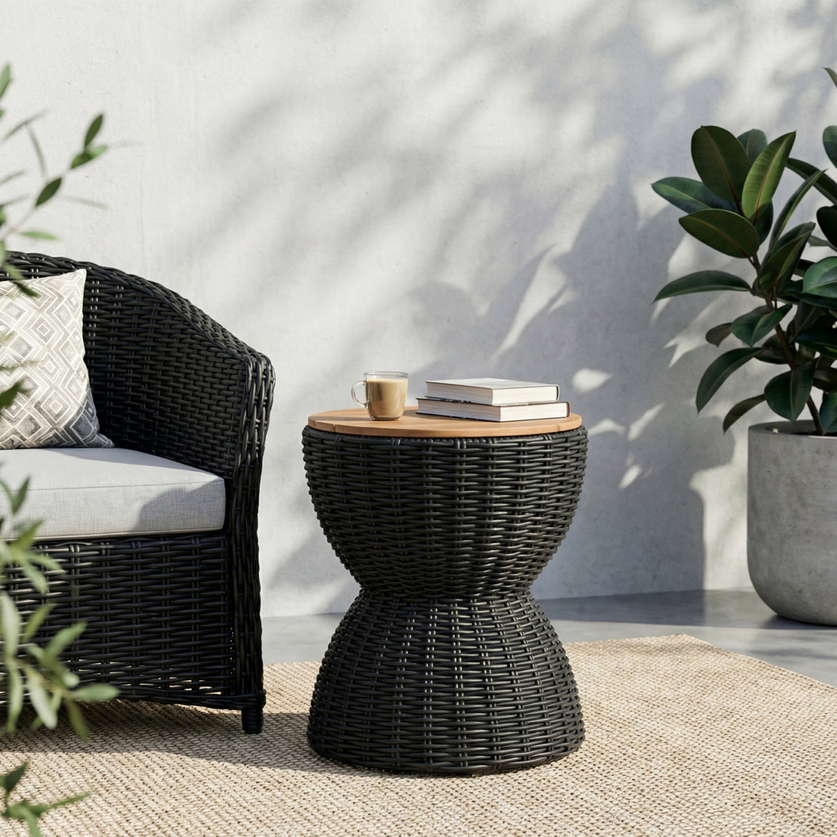 Hourglass Outdoor Side Table, Acacia Wood Top, Black Wicker Base