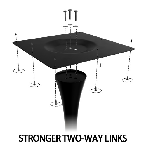 Exploded assembly diagram of the black table top plate and metal pedestal with screws