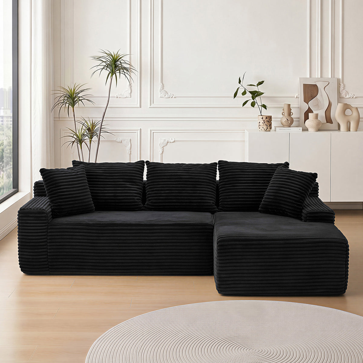 Black L-Shaped Modular Sectional Couch, 95 in Wide, Right-Facing