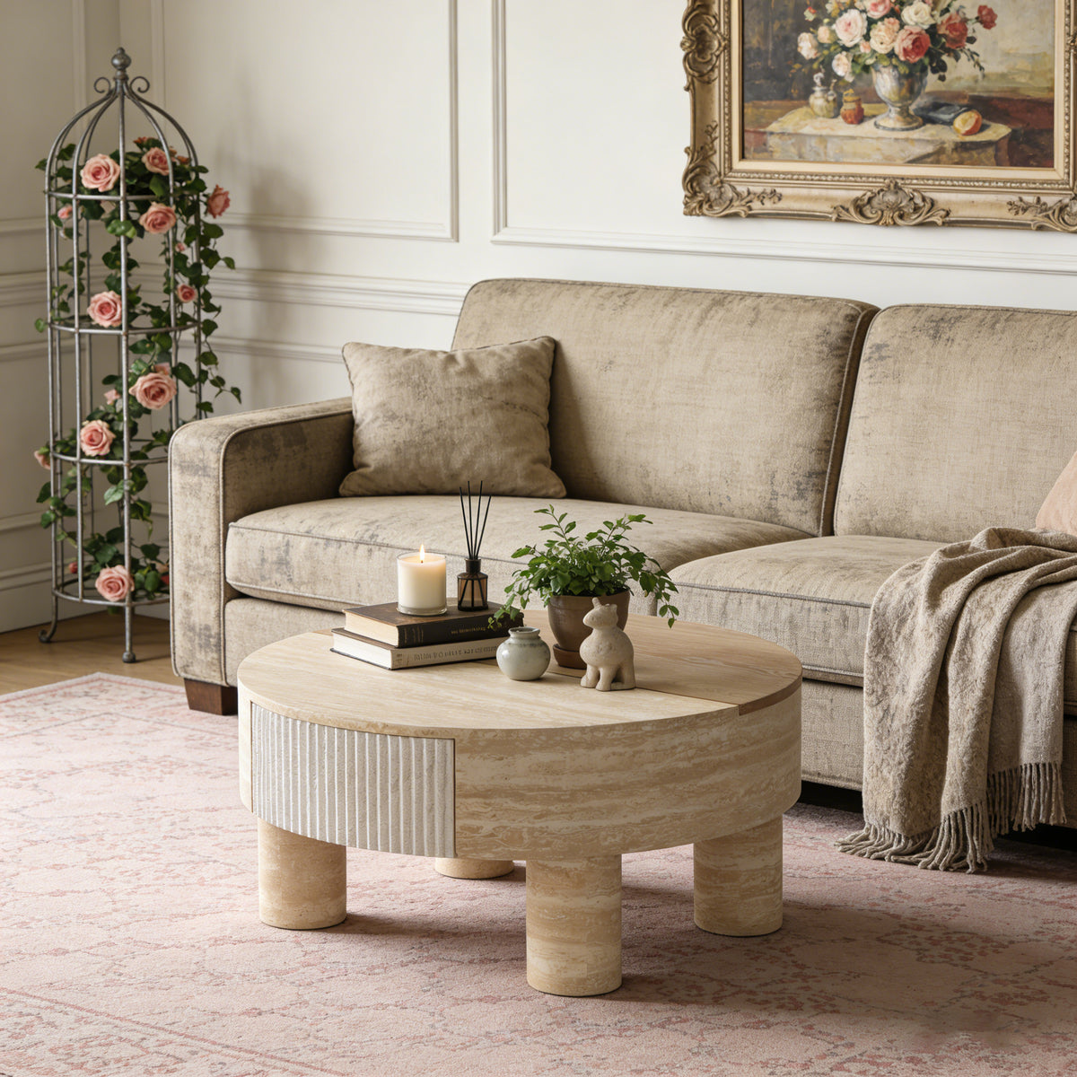 Natural Round Coffee Table with Storage, 31.5 in, 13.8 in Tall