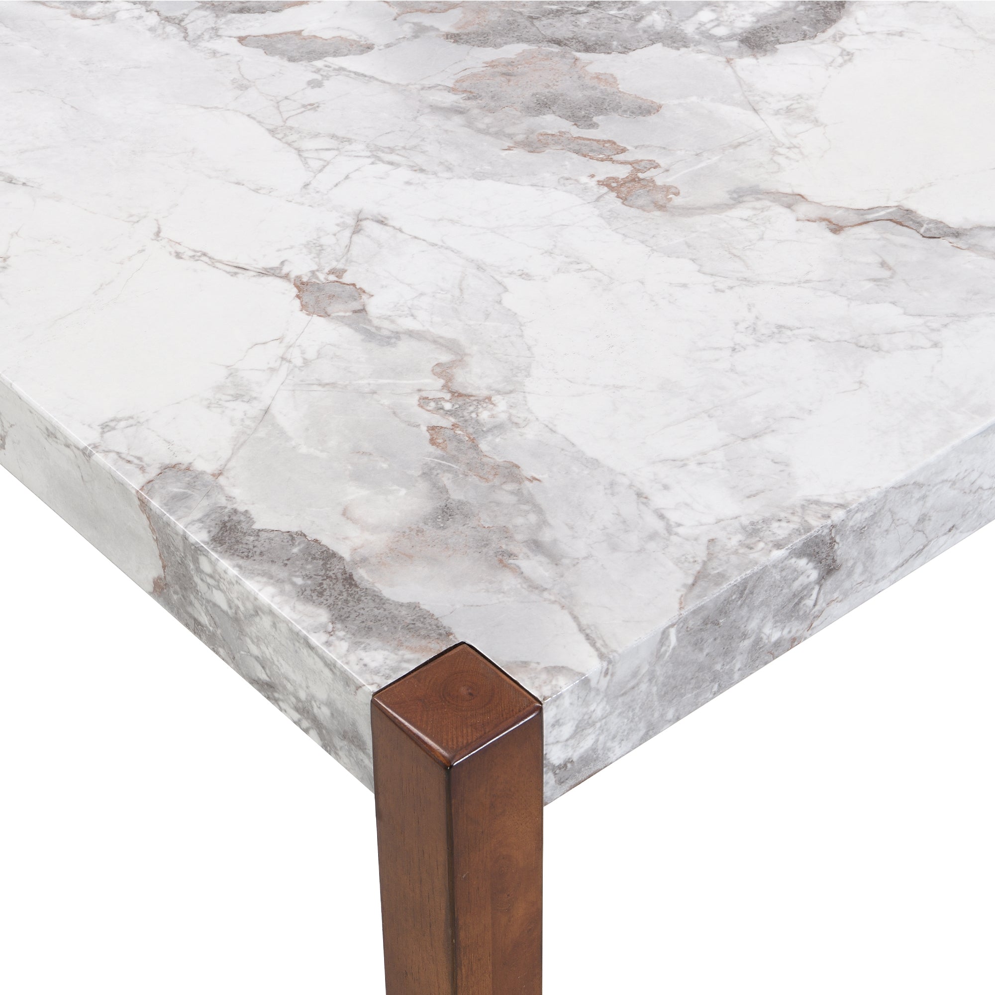 Close-up of the white faux marble edge meeting a brown wood leg, white background