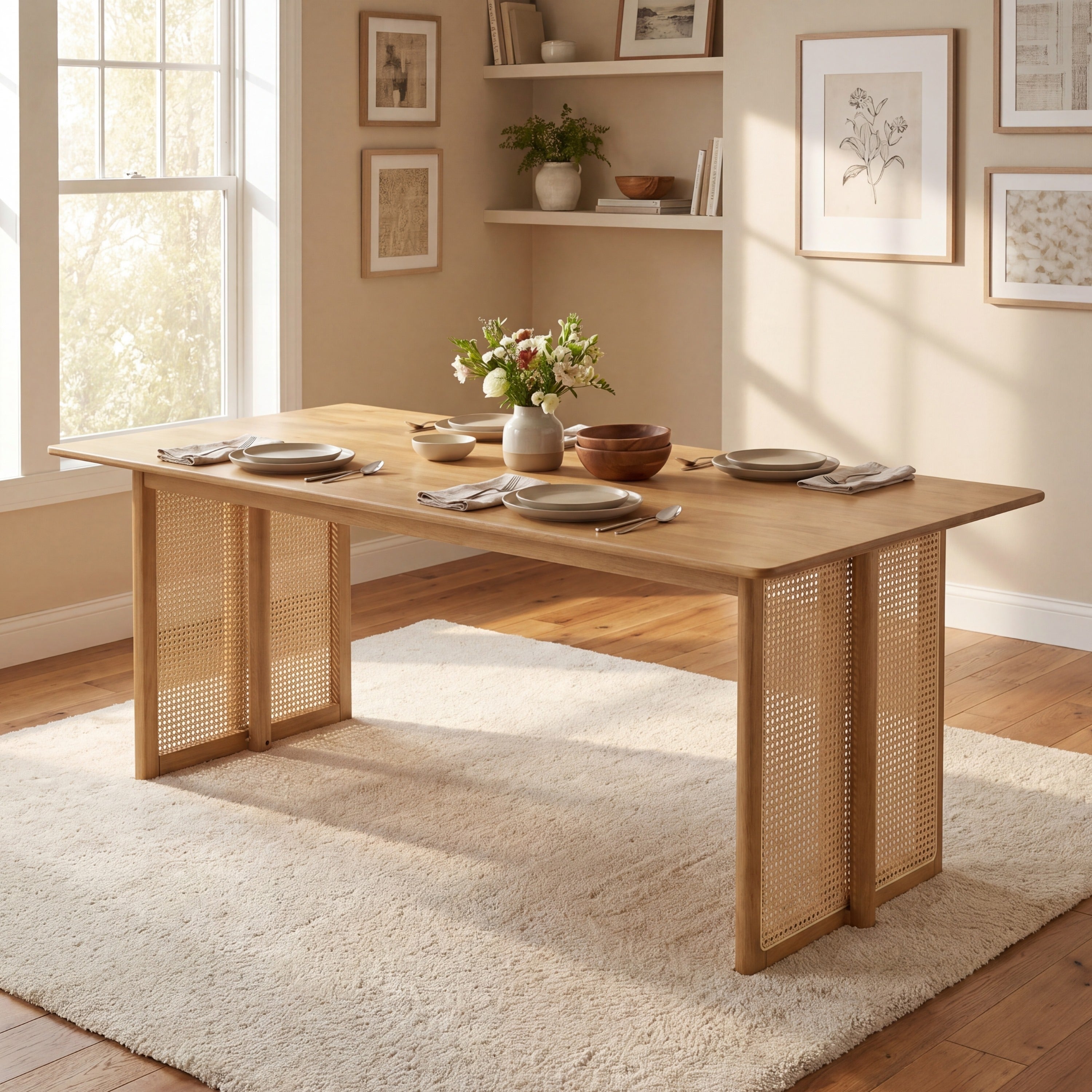 Natural rubberwood dining table with cane legs set with plates and flowers in a sunlit dining room