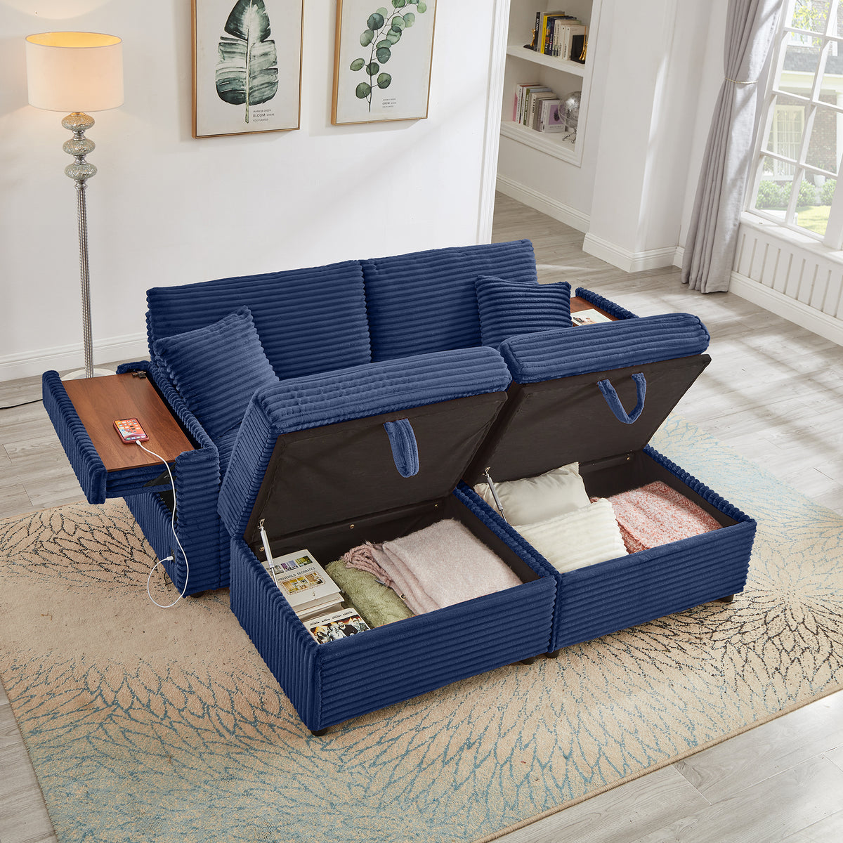 Blue Corduroy Couch with Ottoman, 69 in Wide
