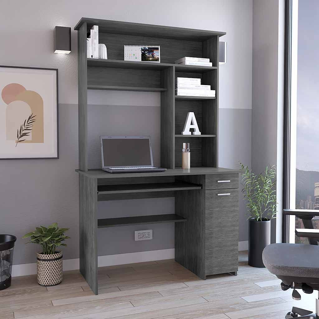 Computer Desk with Hutch and Keyboard Tray, Workstation, 43.3 in, Oak, wood