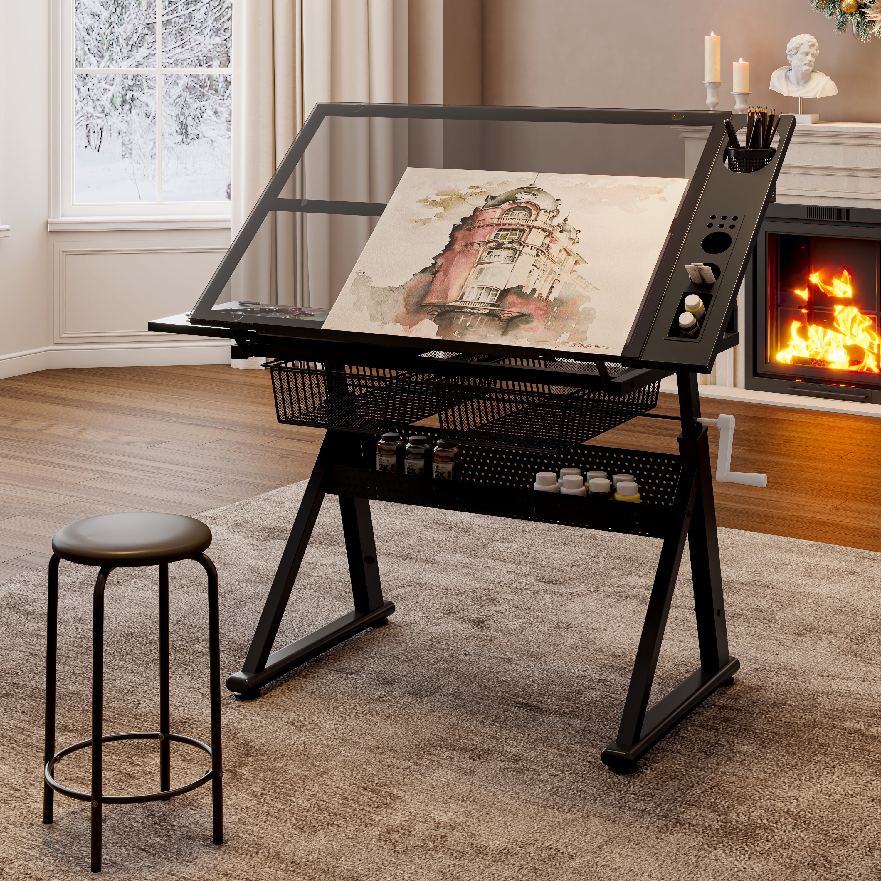 Drafting Table, 40.2 in, Black, Glass, Metal