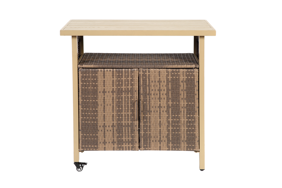 Beige Wicker Outdoor Bar Cart with Wheels