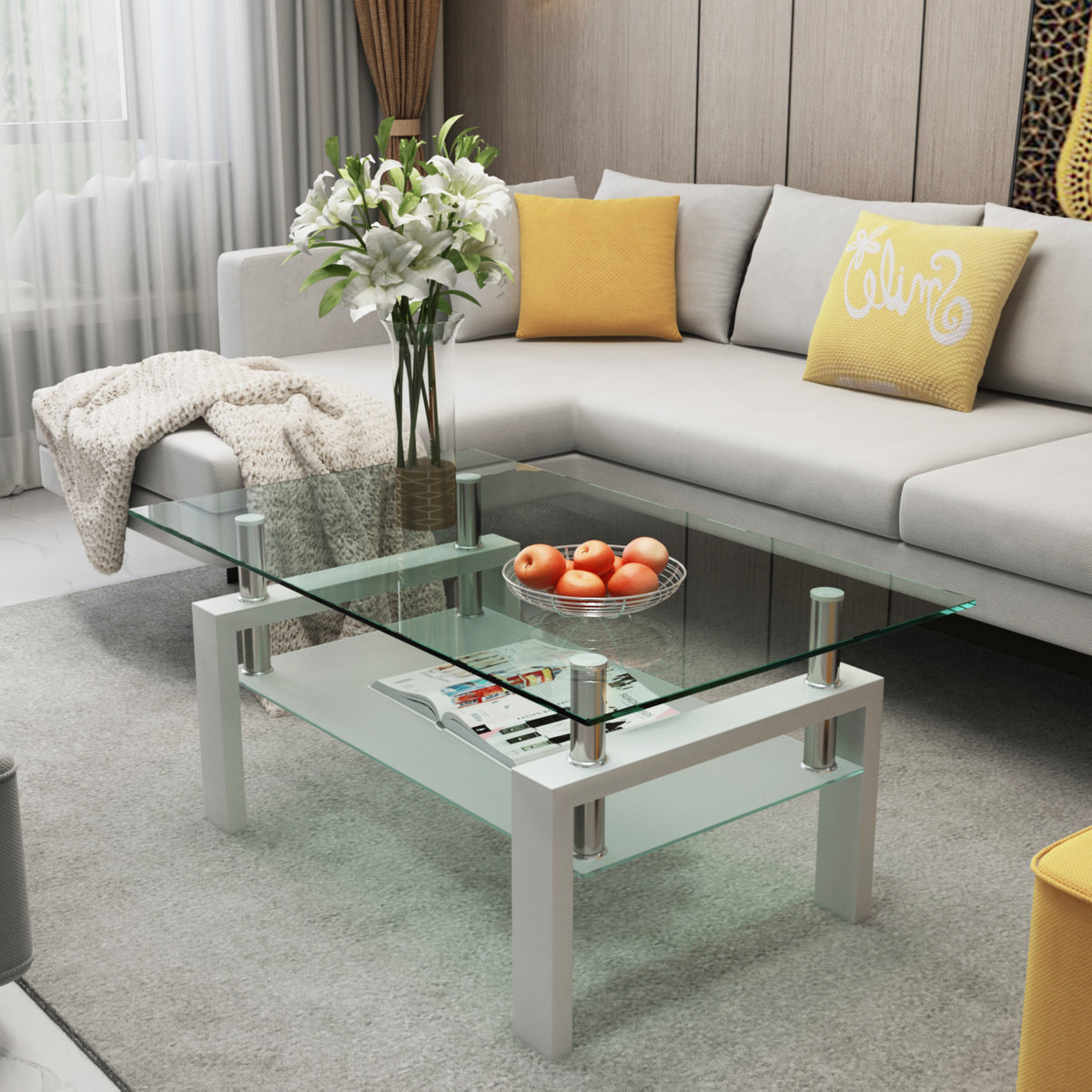 White Glass Top Rectangular Coffee Table with Storage, 38.6 in
