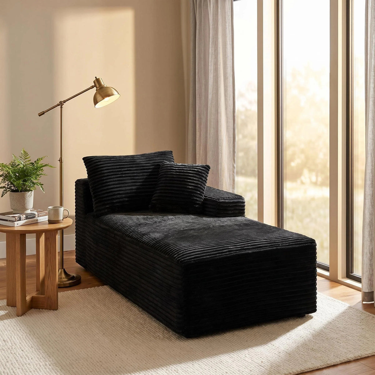 Black Corduroy Modular 2-Seat Couch, No Assembly, 69 in Wide