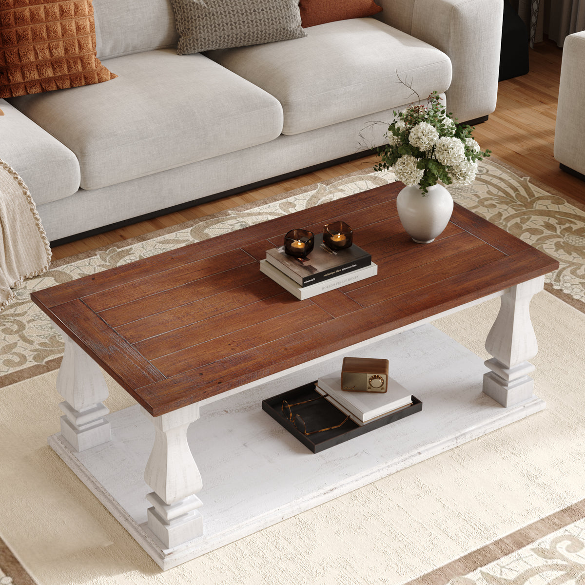 Walnut Rectangular Coffee Table with Storage, 47.2 in, Distressed