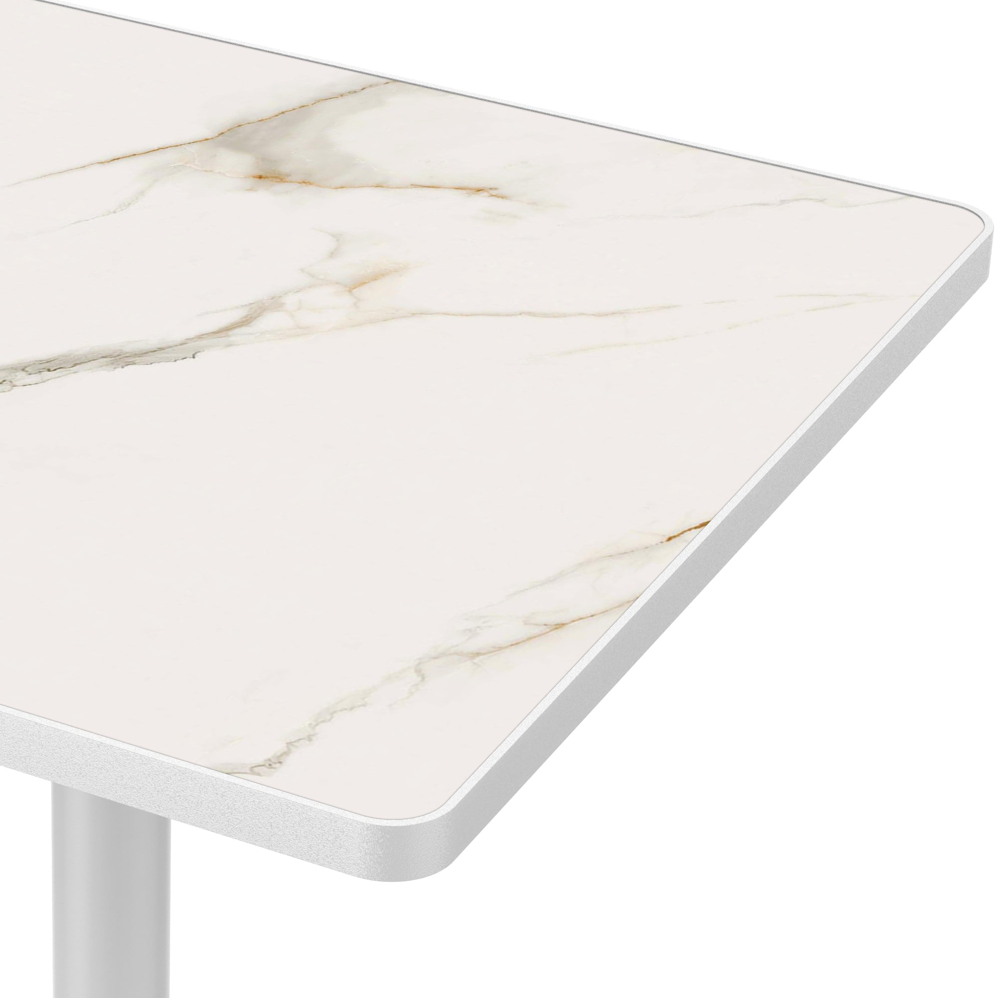 Close-up of white sintered stone tabletop corner with gold veining and white edge trim