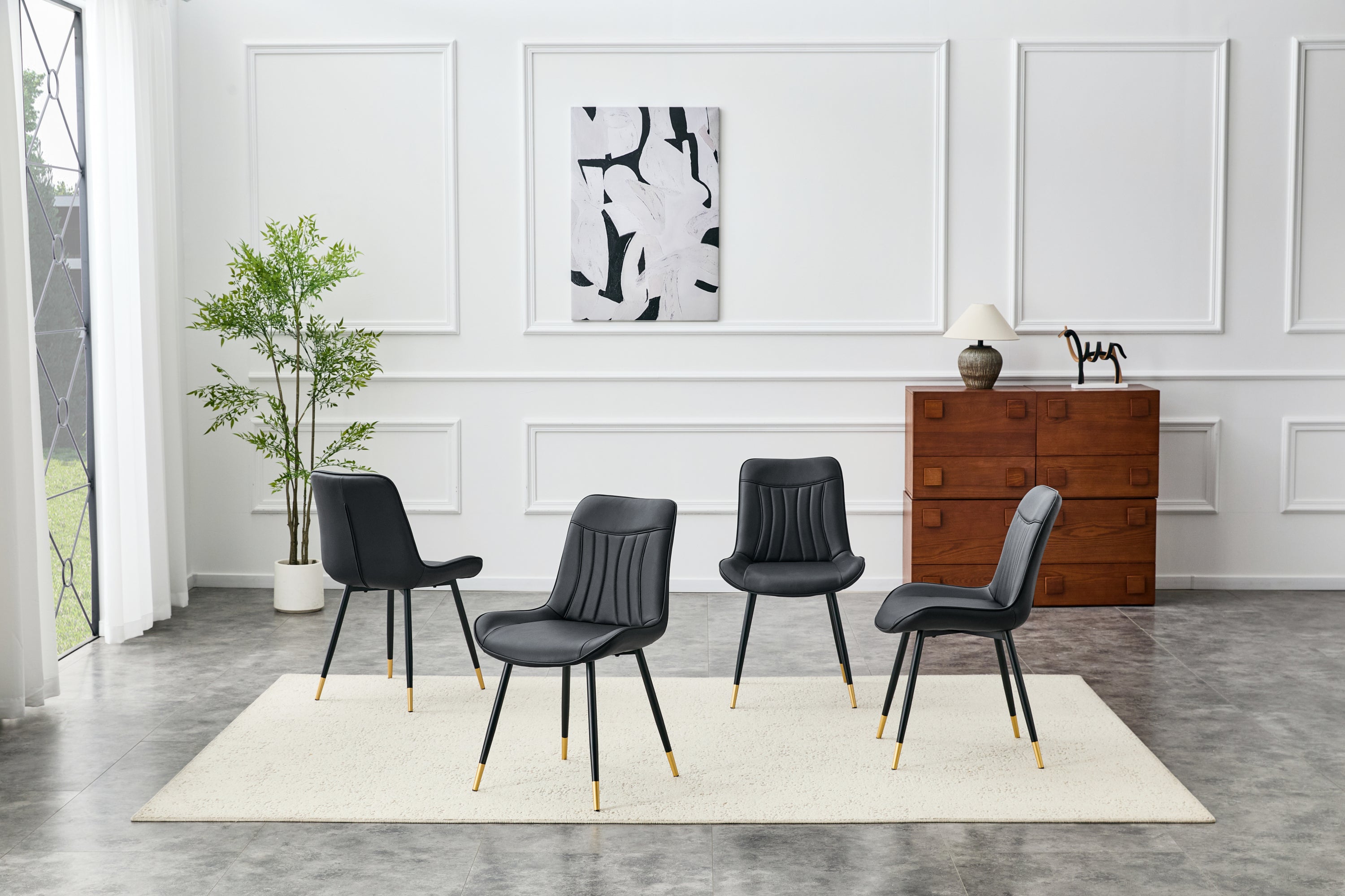 Vegan Leather Dining Chairs Set of 4, Black Gold-Tipped Legs