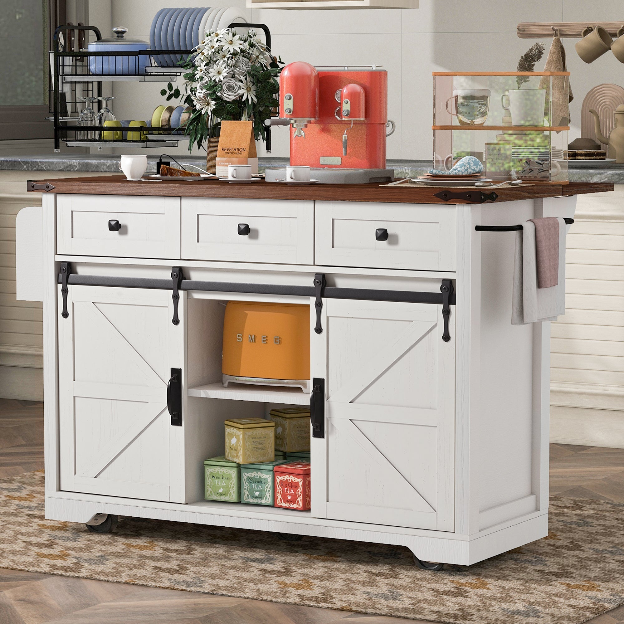 Farmhouse Kitchen Island, White, Sliding Barn Doors, Drop-Leaf 54in