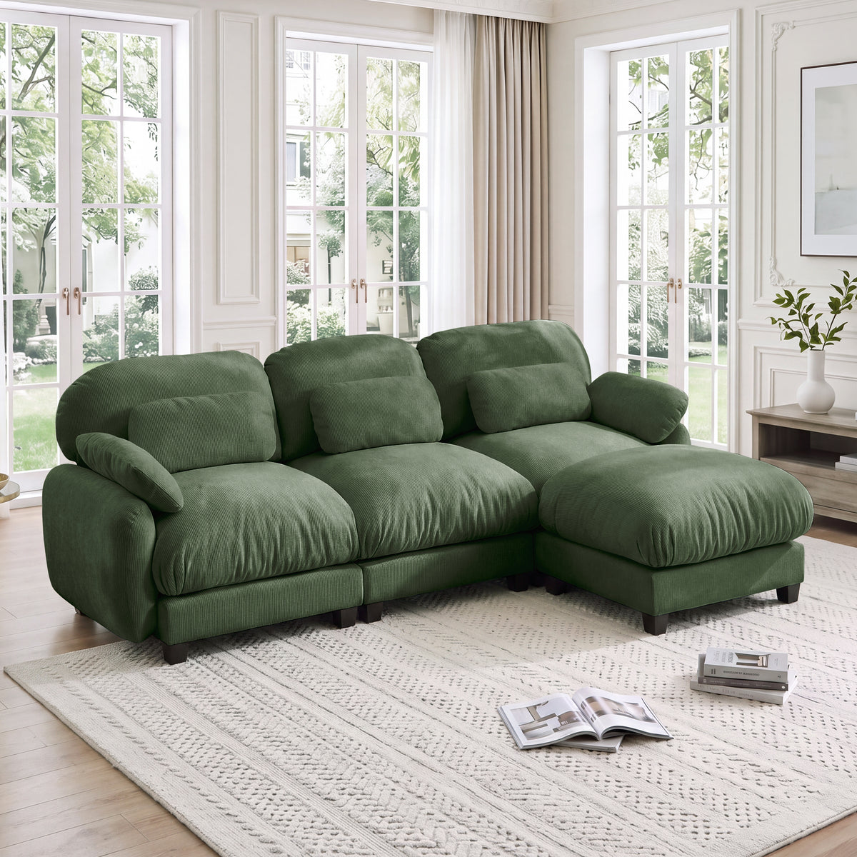 Green Chenille Modular Sectional Couch with Ottoman