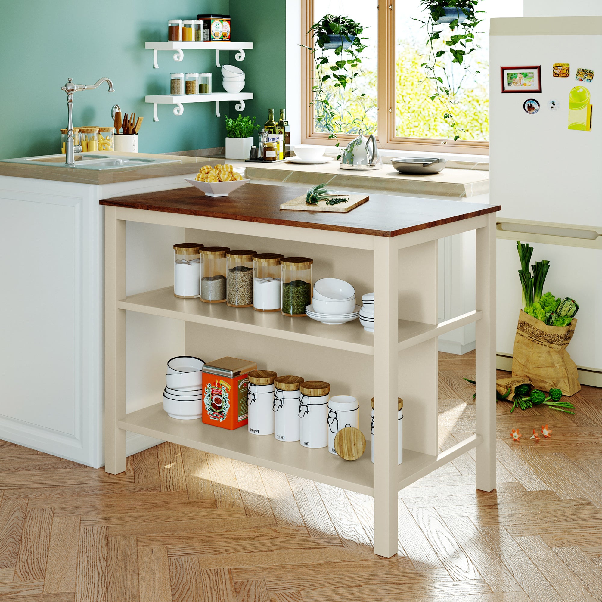 Solid Wood Kitchen Island, Walnut & Cream, Butcher Block, 2 Shelves