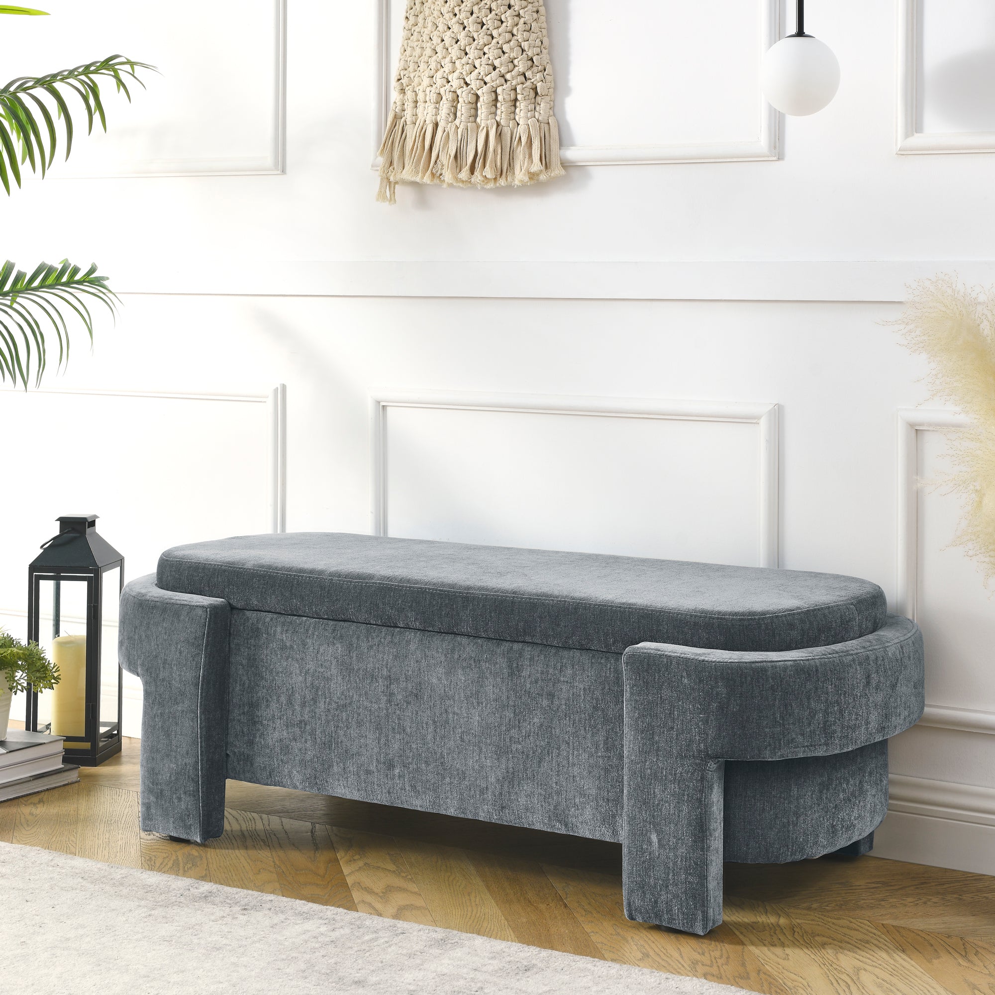 Chenille Storage Bench, Grey Lift-Top Entryway Bench, 51.5 Inch