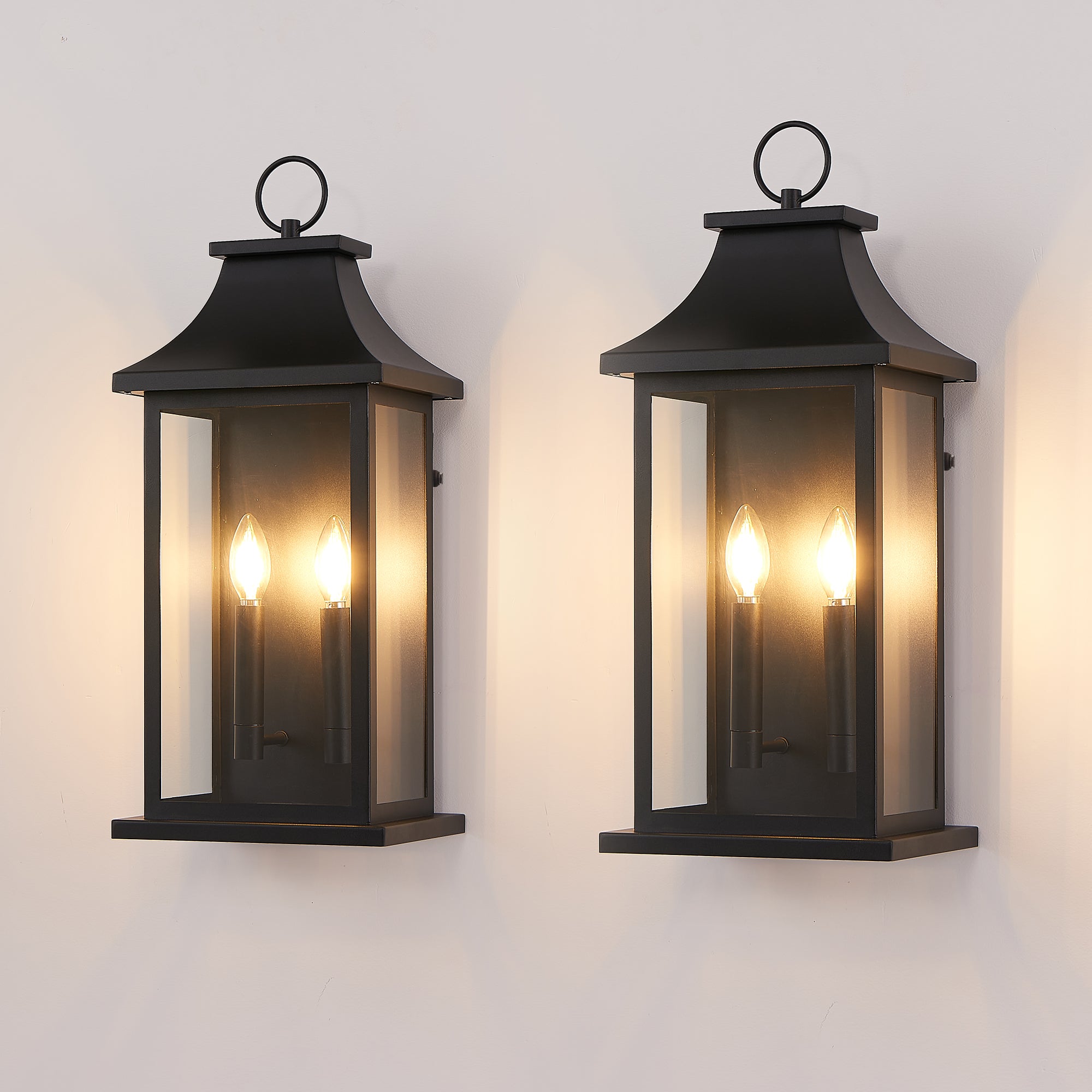 Outdoor Wall Lantern, 2-Light, 22 in, 2-Pack, Black