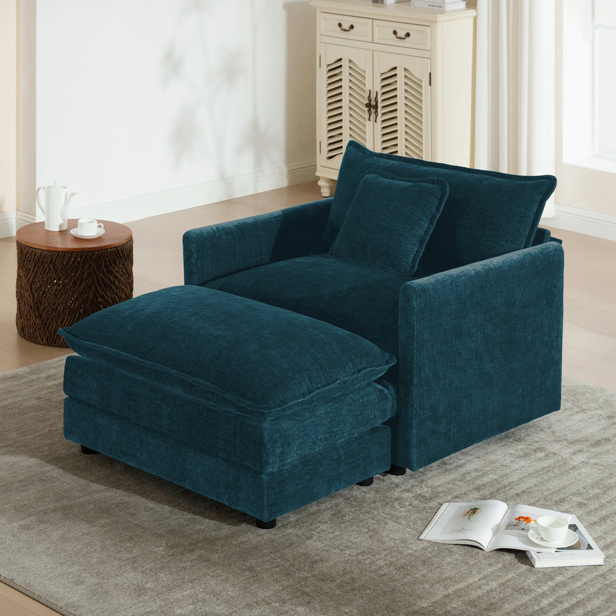 Blue Chenille Accent Chair with Ottoman