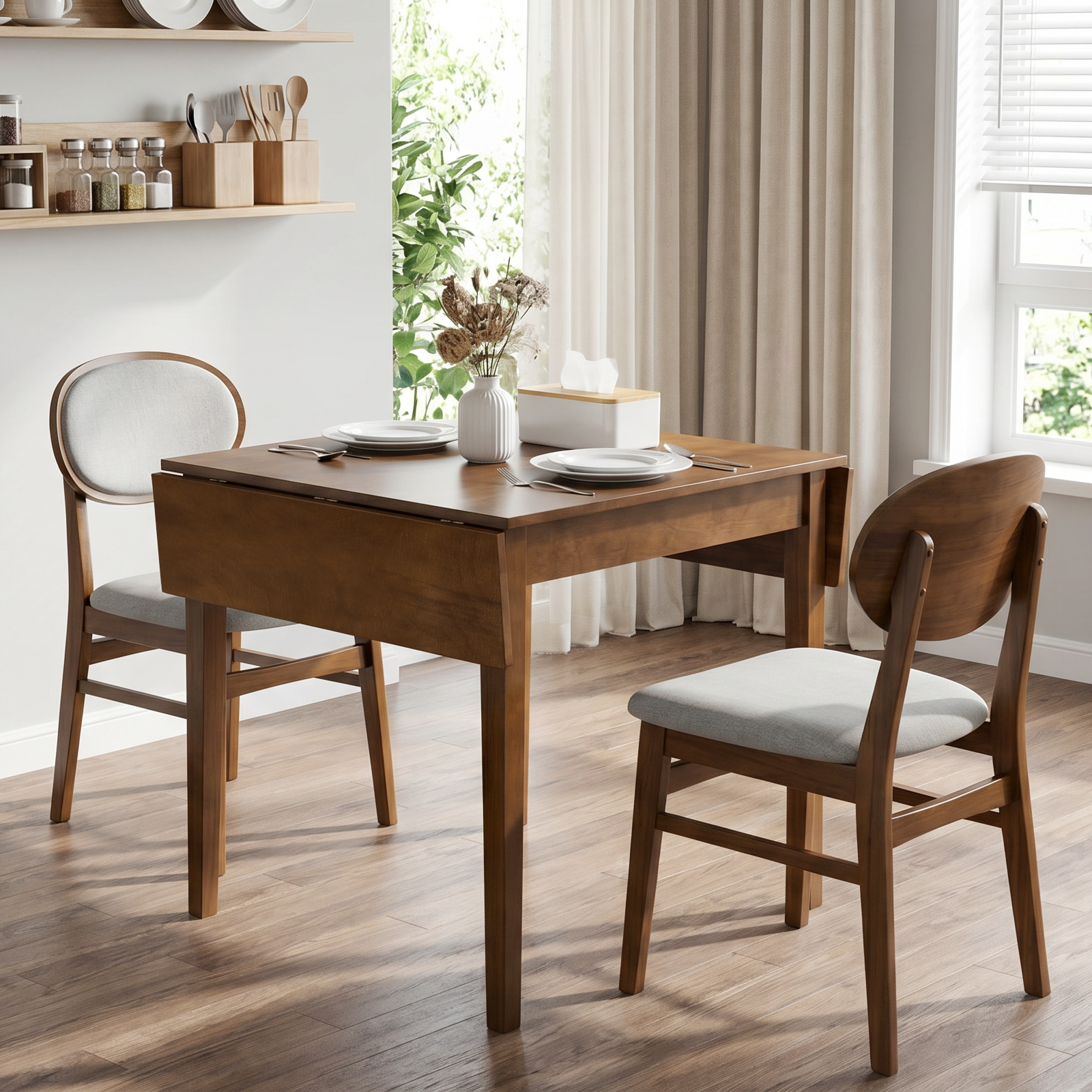 Walnut drop-leaf dining table with one leaf down and two round-back chairs in a styled kitchen
